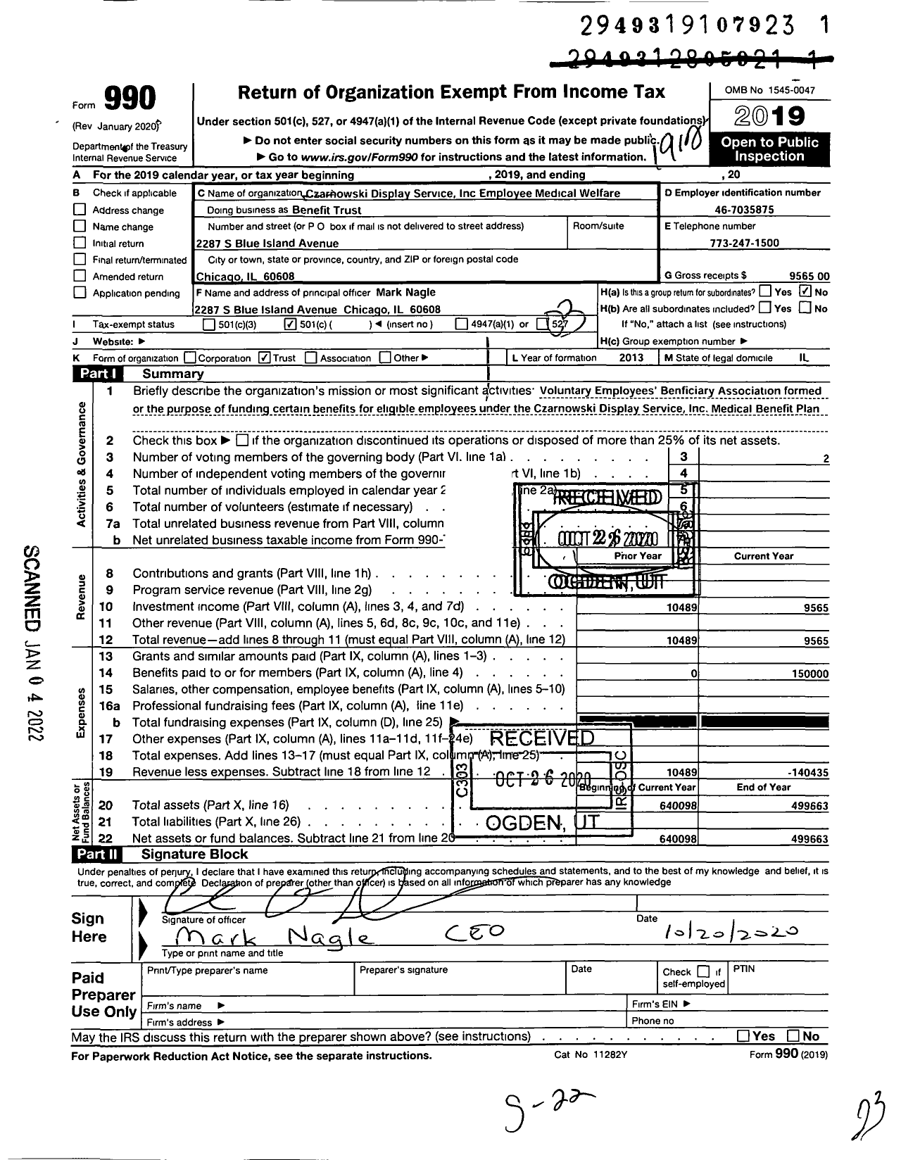 Image of first page of 2019 Form 990 for Czarnowski Display Service Employee Welfare Benefit Trust