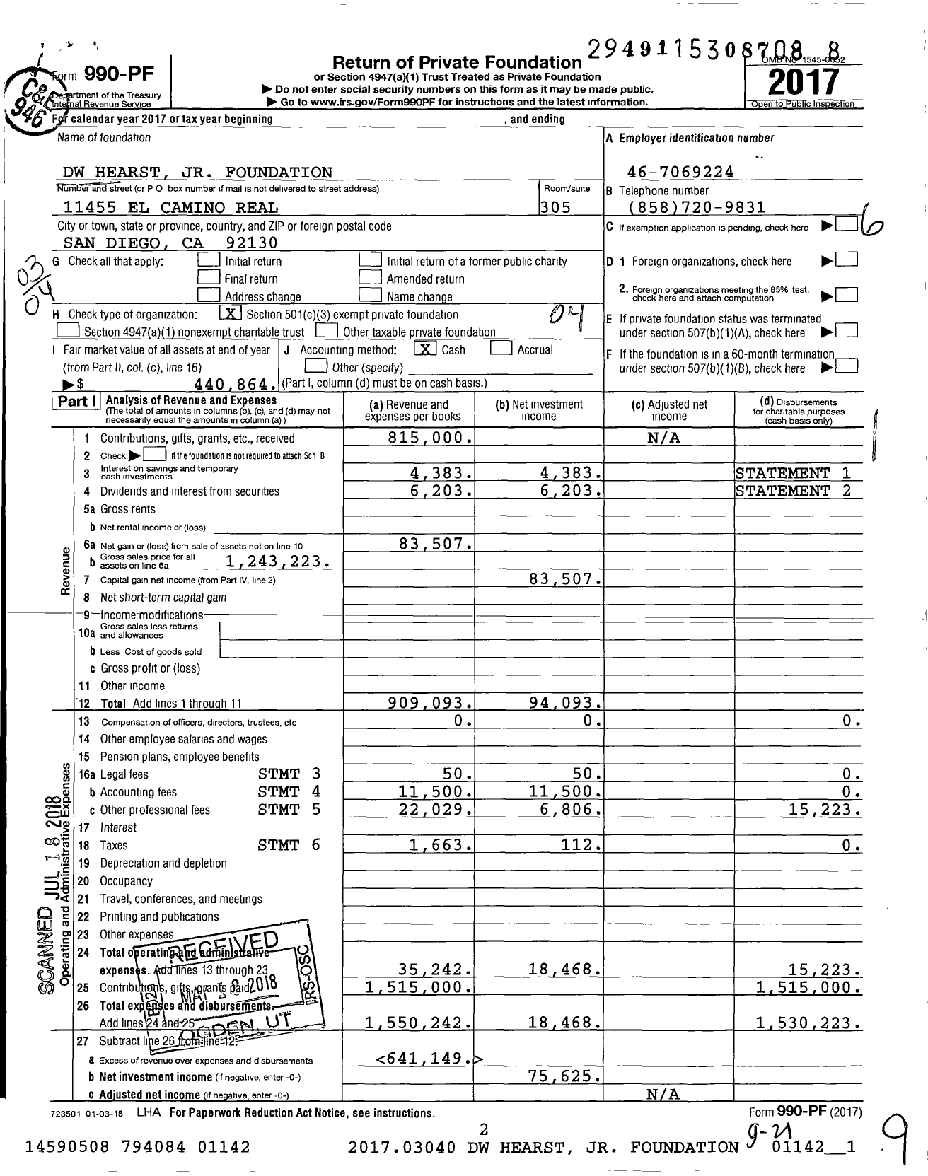 Image of first page of 2017 Form 990PF for DW Hearst JR Foundation