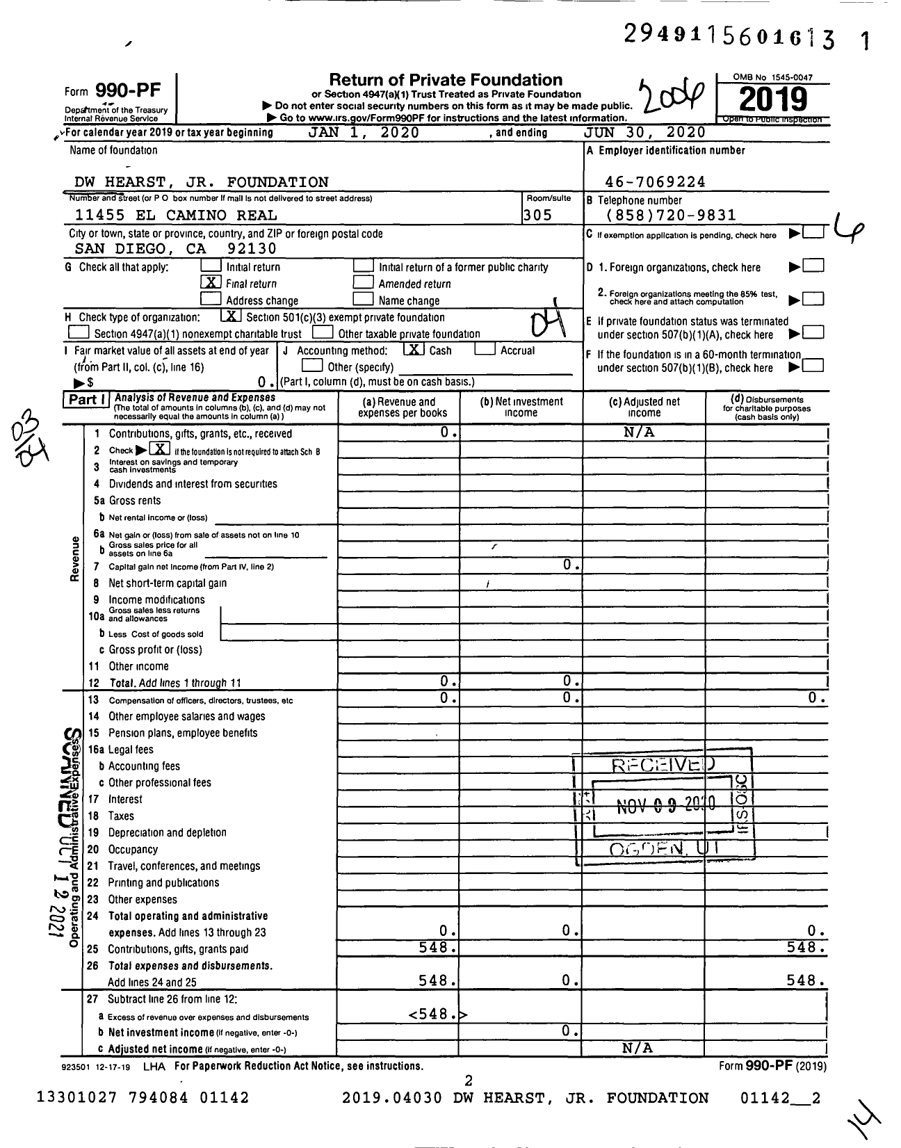 Image of first page of 2019 Form 990PF for DW Hearst JR Foundation