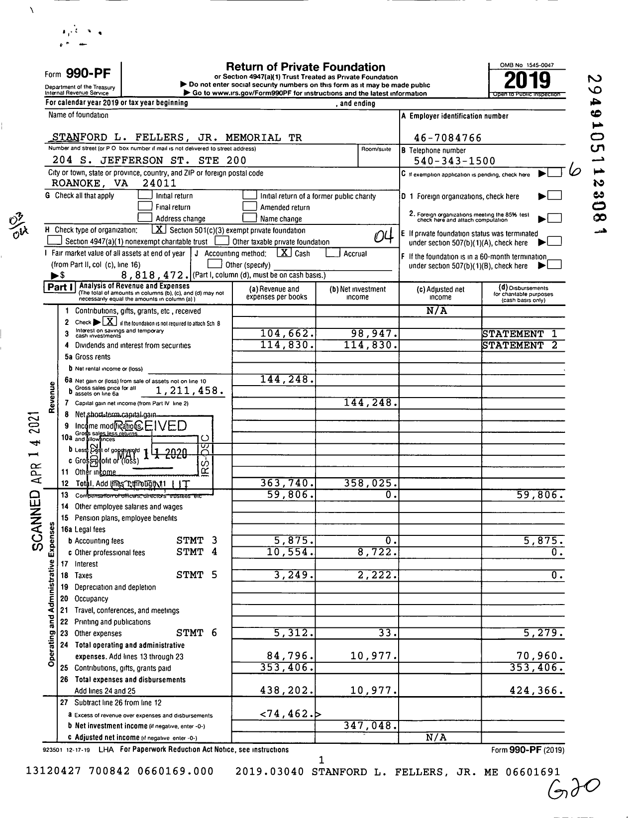 Image of first page of 2019 Form 990PF for Stanford L Fellers JR Memorial Trust