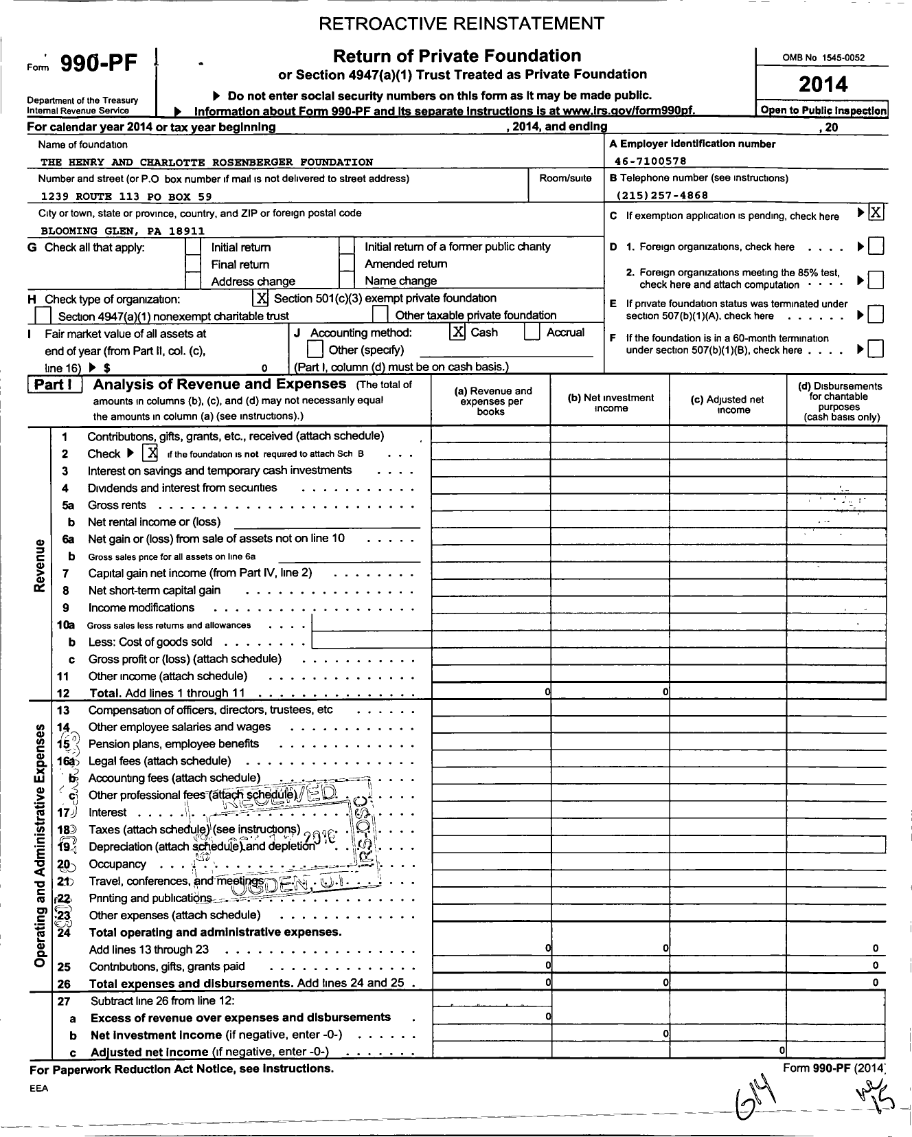 Image of first page of 2014 Form 990PF for The Henry and Charlotte Rosenberger Foundation