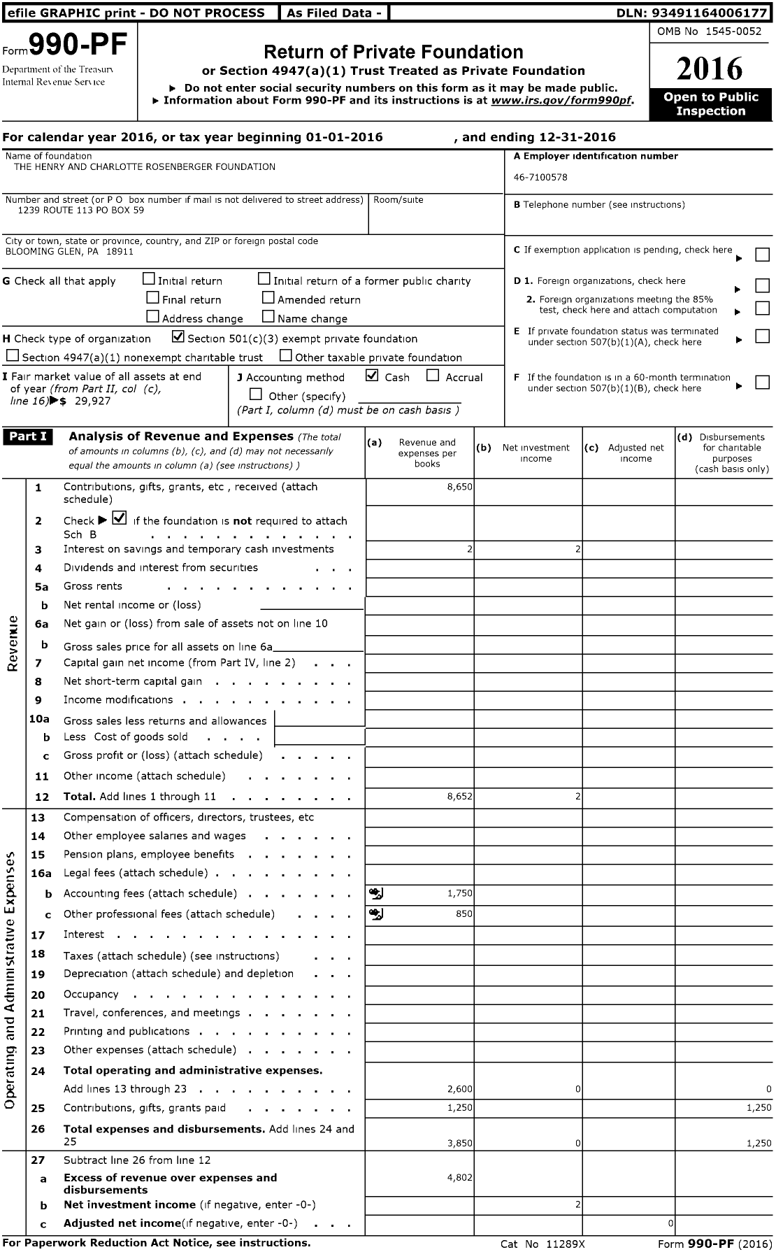 Image of first page of 2016 Form 990PF for The Henry and Charlotte Rosenberger Foundation