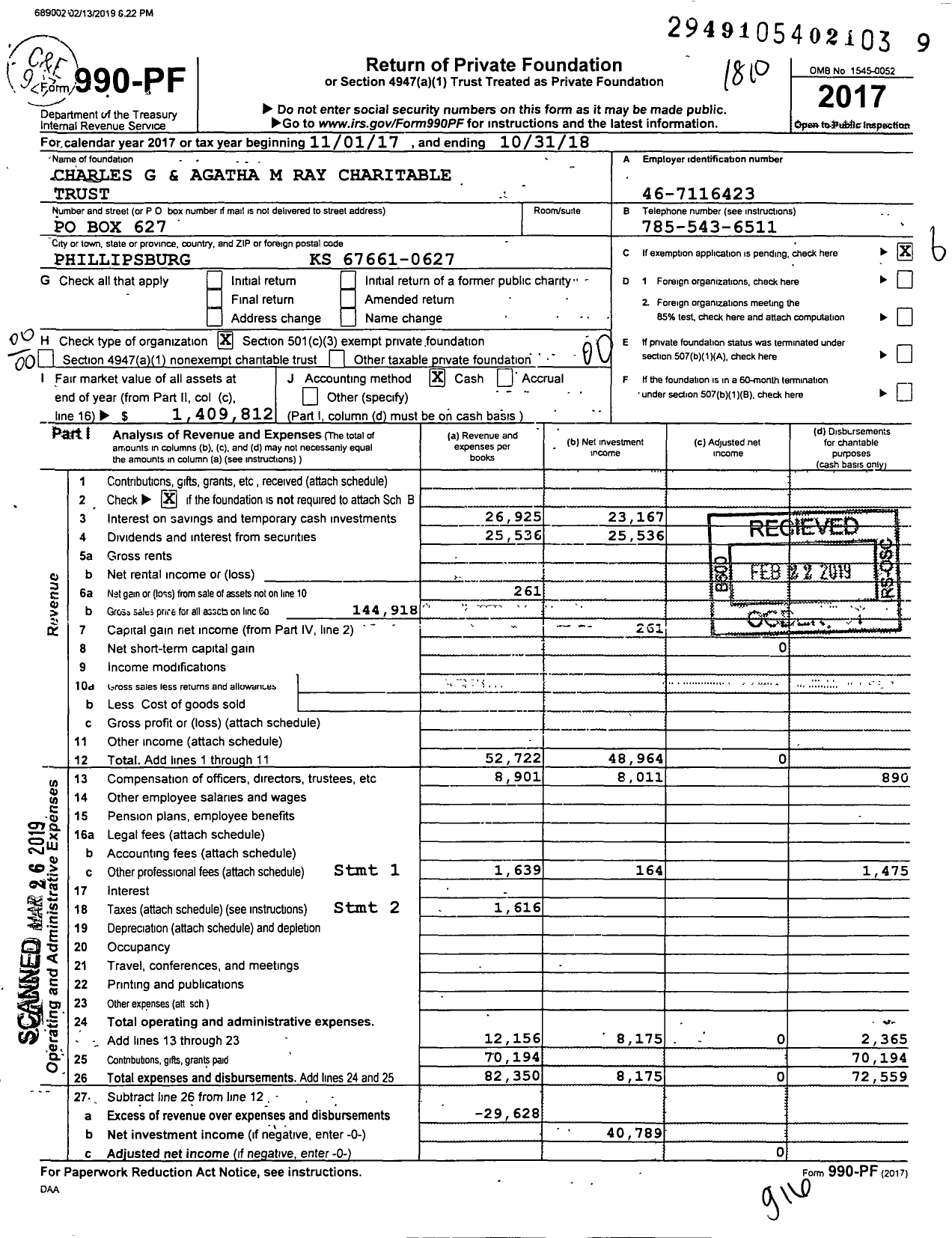 Image of first page of 2017 Form 990PF for Charles G and Agatha M Ray Charitable Trust