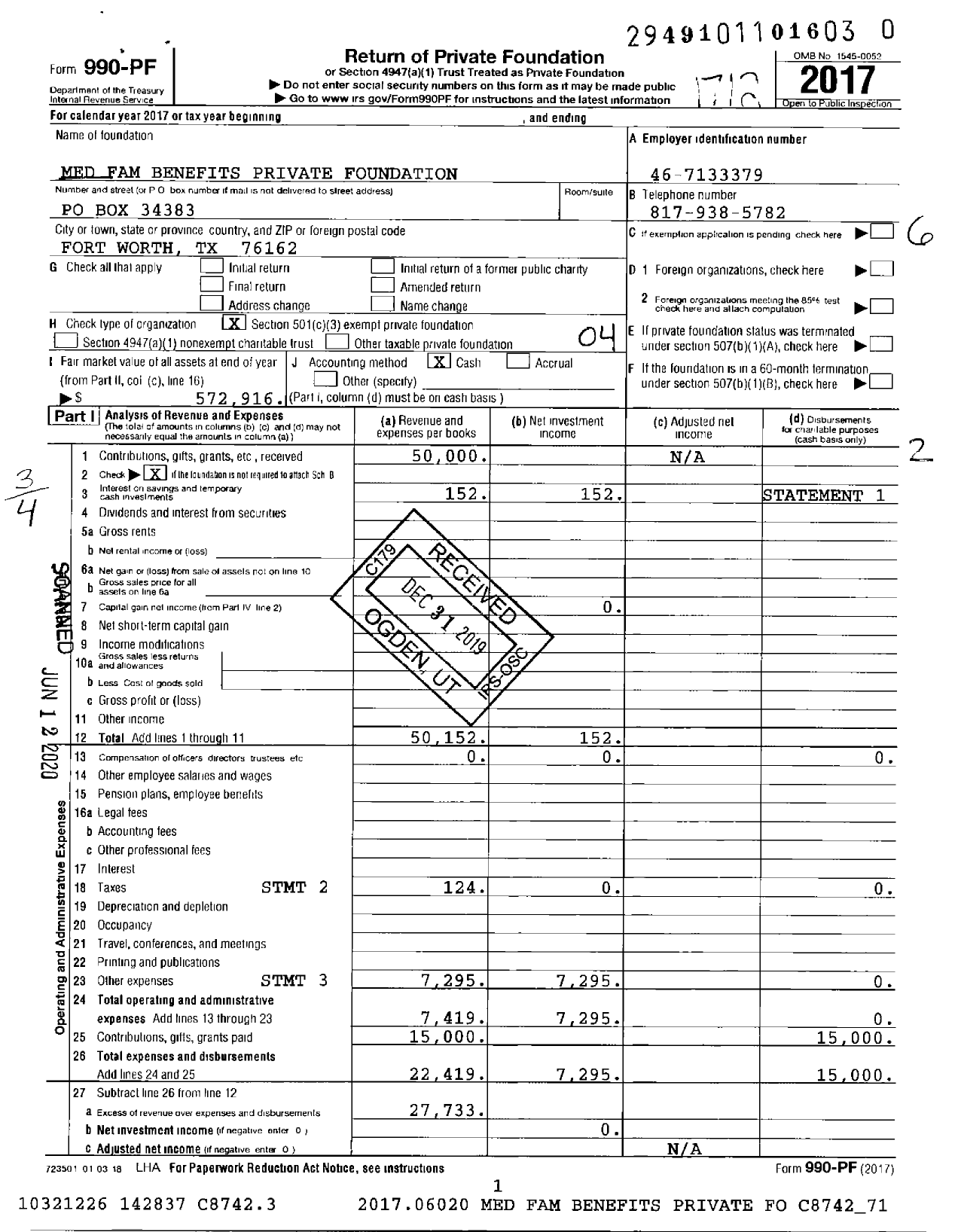 Image of first page of 2017 Form 990PR for Med Family Benefits Private Foundation