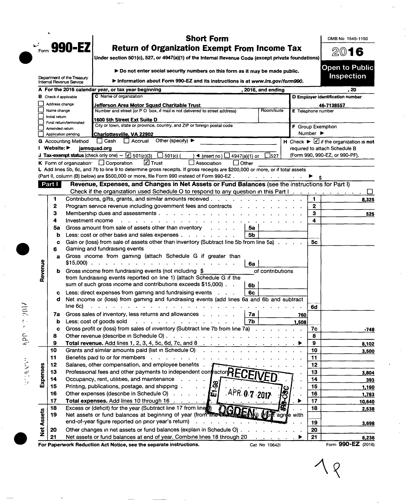 Image of first page of 2016 Form 990EZ for Jefferson Area Motor Squad