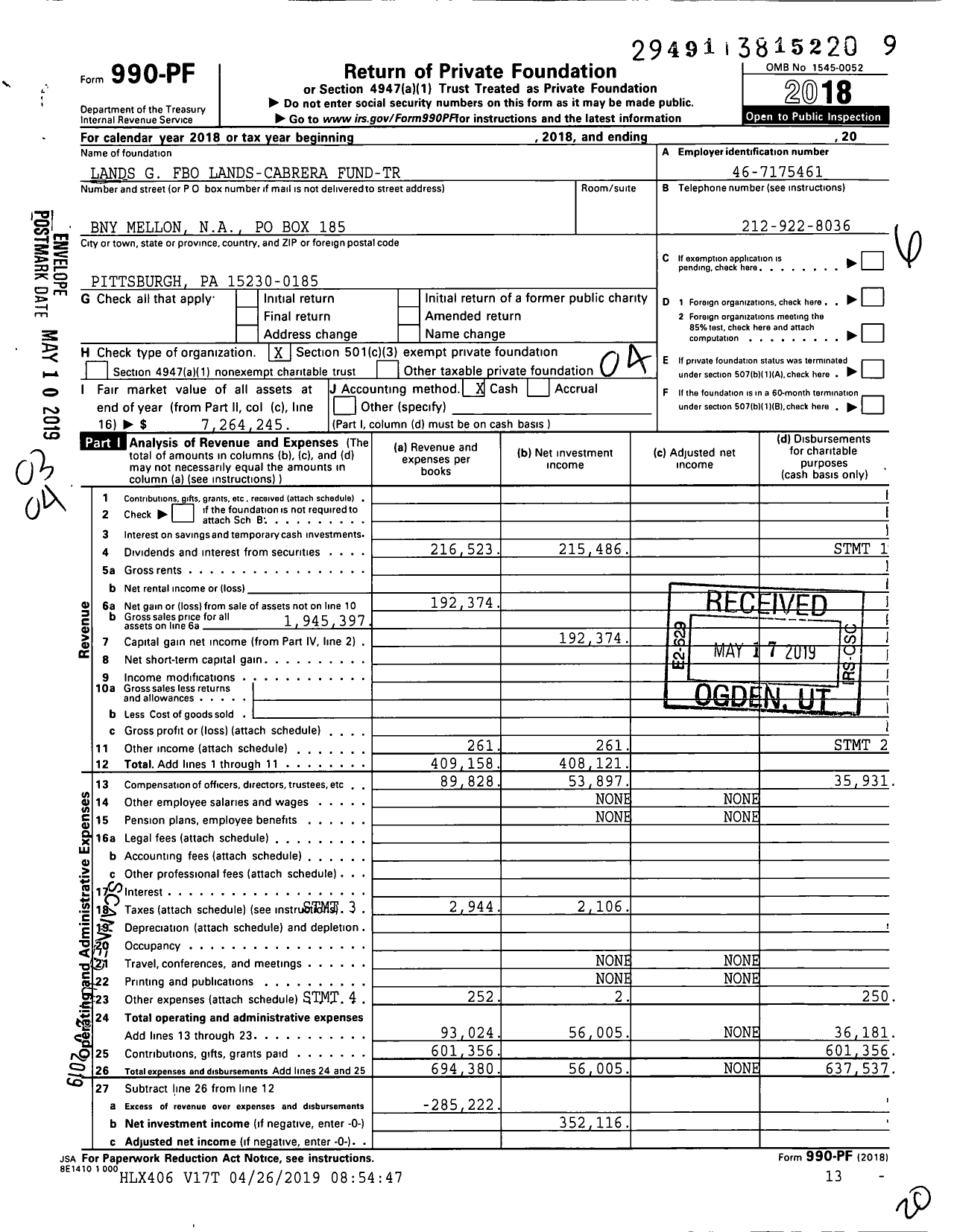 Image of first page of 2018 Form 990PF for Lands G Fbo Lands-Cabrera Fund-Tr