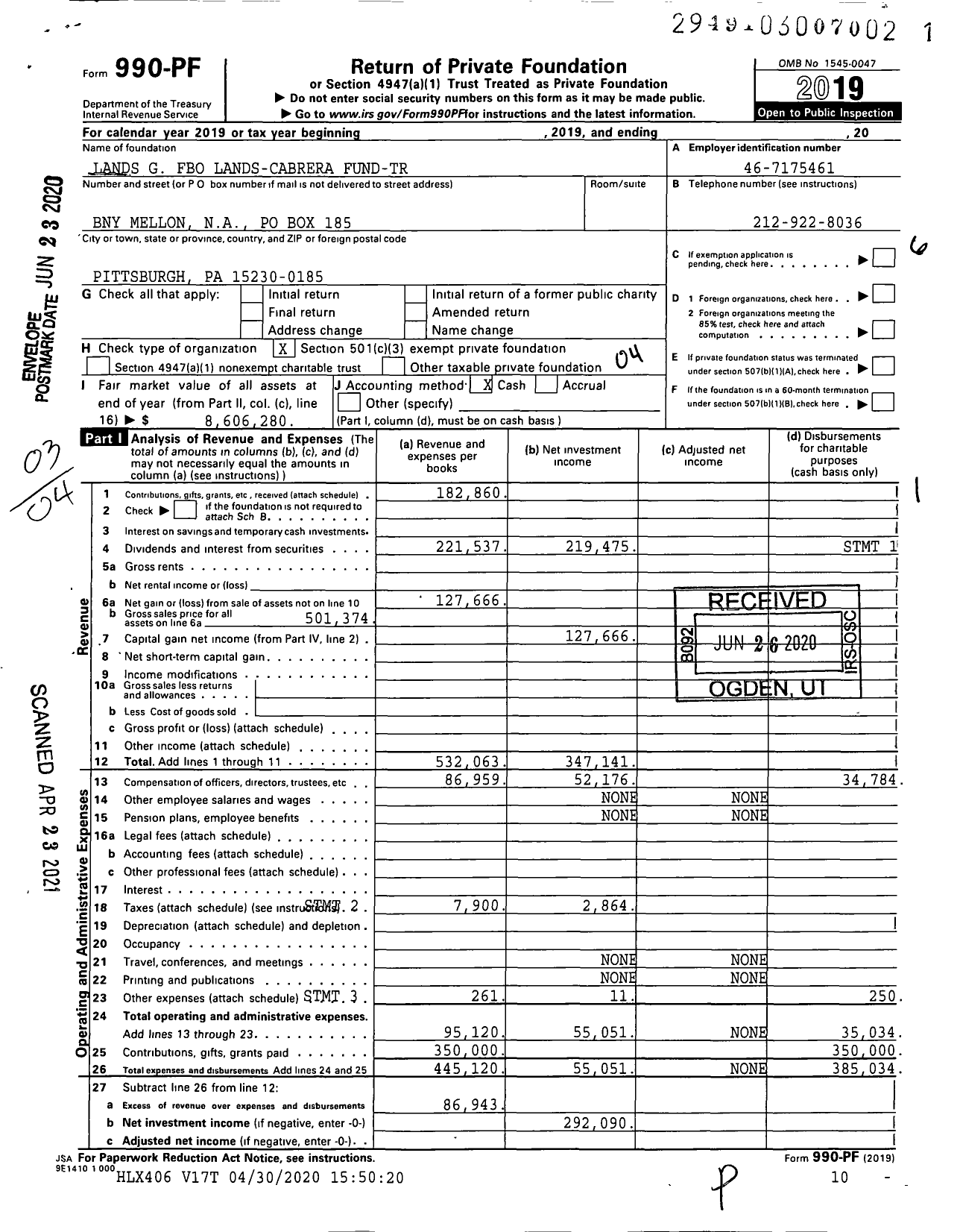 Image of first page of 2019 Form 990PF for Lands G Fbo Lands-Cabrera Fund-Tr