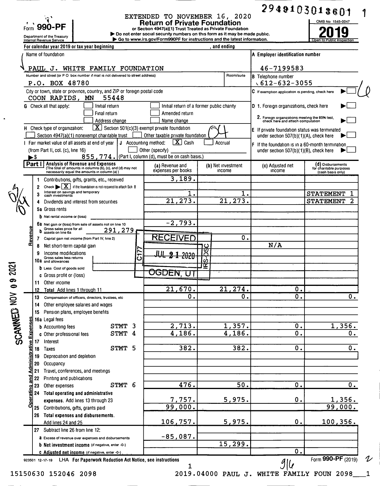 Image of first page of 2019 Form 990PF for Paul J White Family Foundation