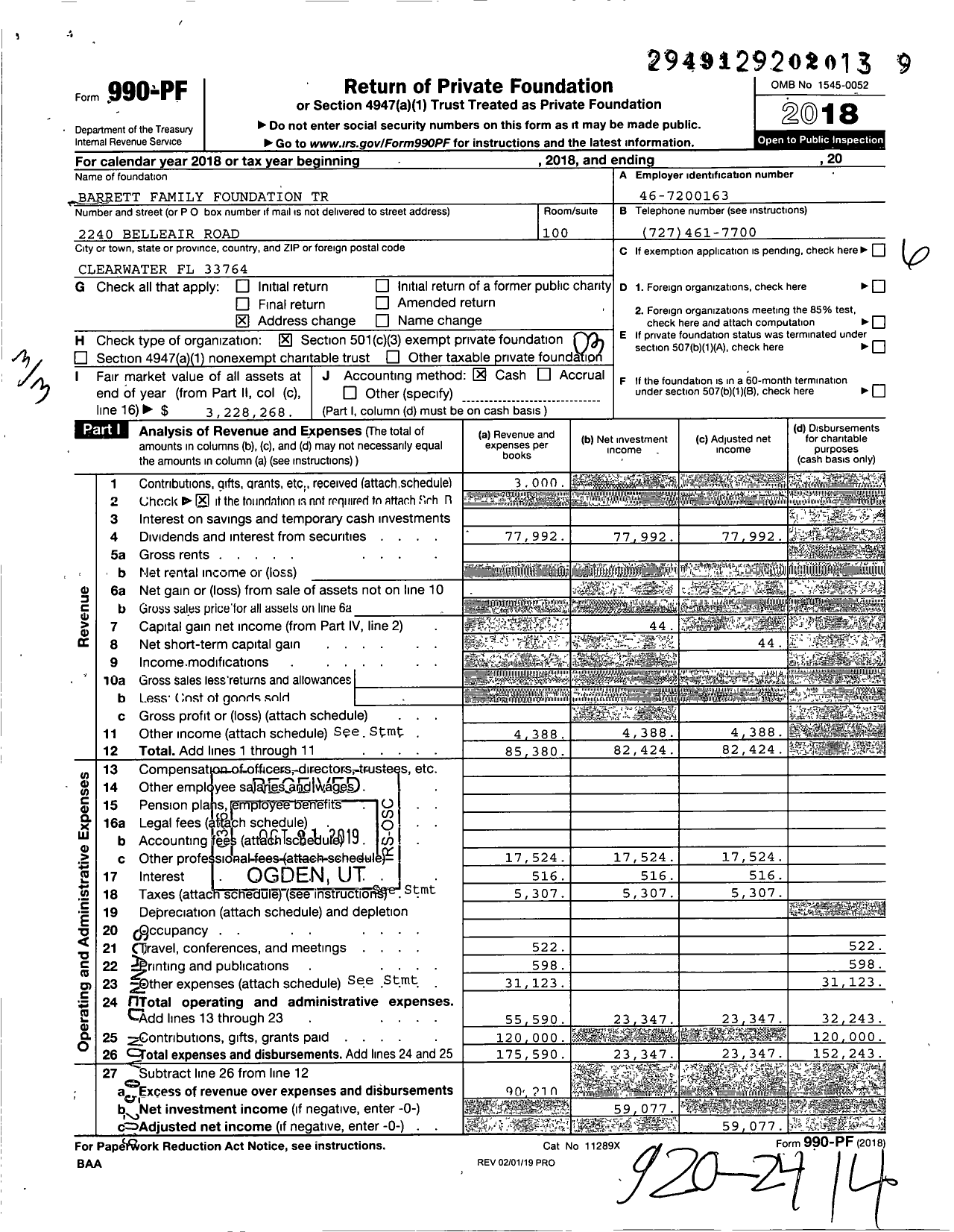 Image of first page of 2018 Form 990PF for Barrett Family Foundation Trust