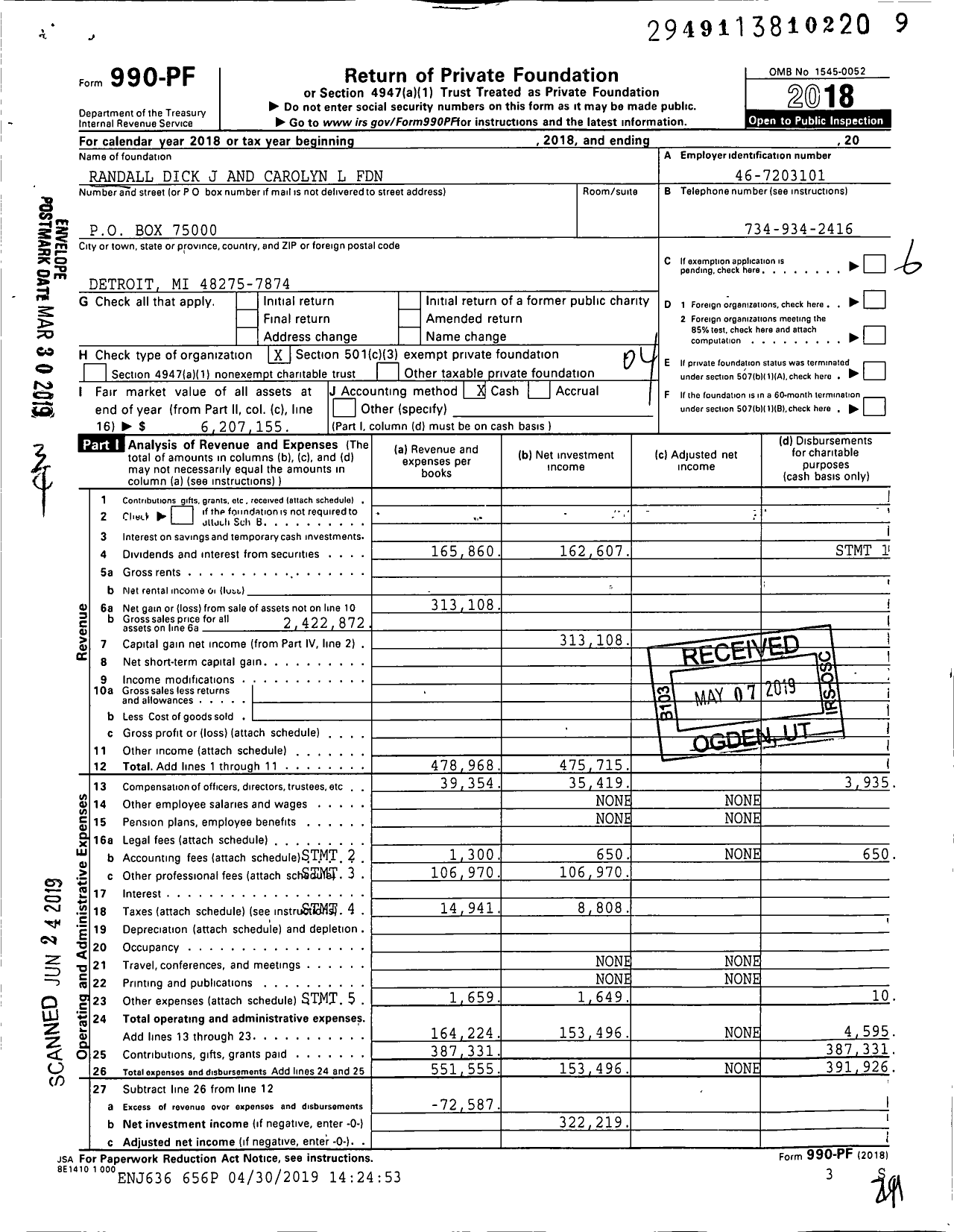 Image of first page of 2018 Form 990PF for Randall Dick J and Carolyn L Foundation