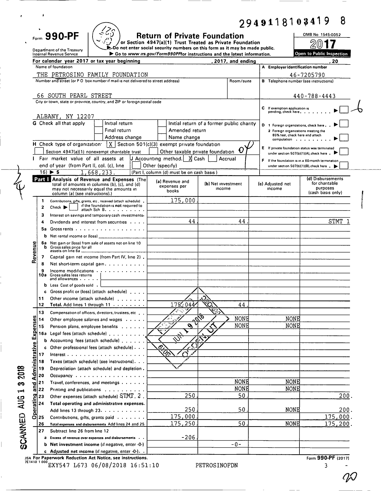 Image of first page of 2017 Form 990PF for The Petrosino Family Foundation