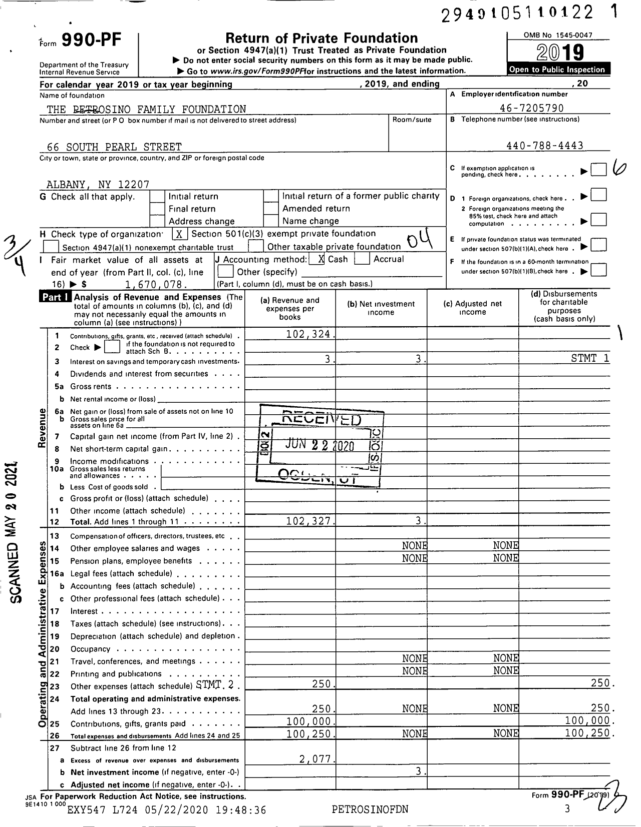 Image of first page of 2019 Form 990PF for The Petrosino Family Foundation