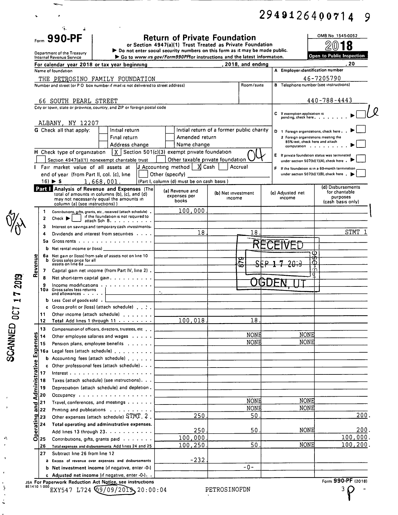 Image of first page of 2018 Form 990PF for The Petrosino Family Foundation