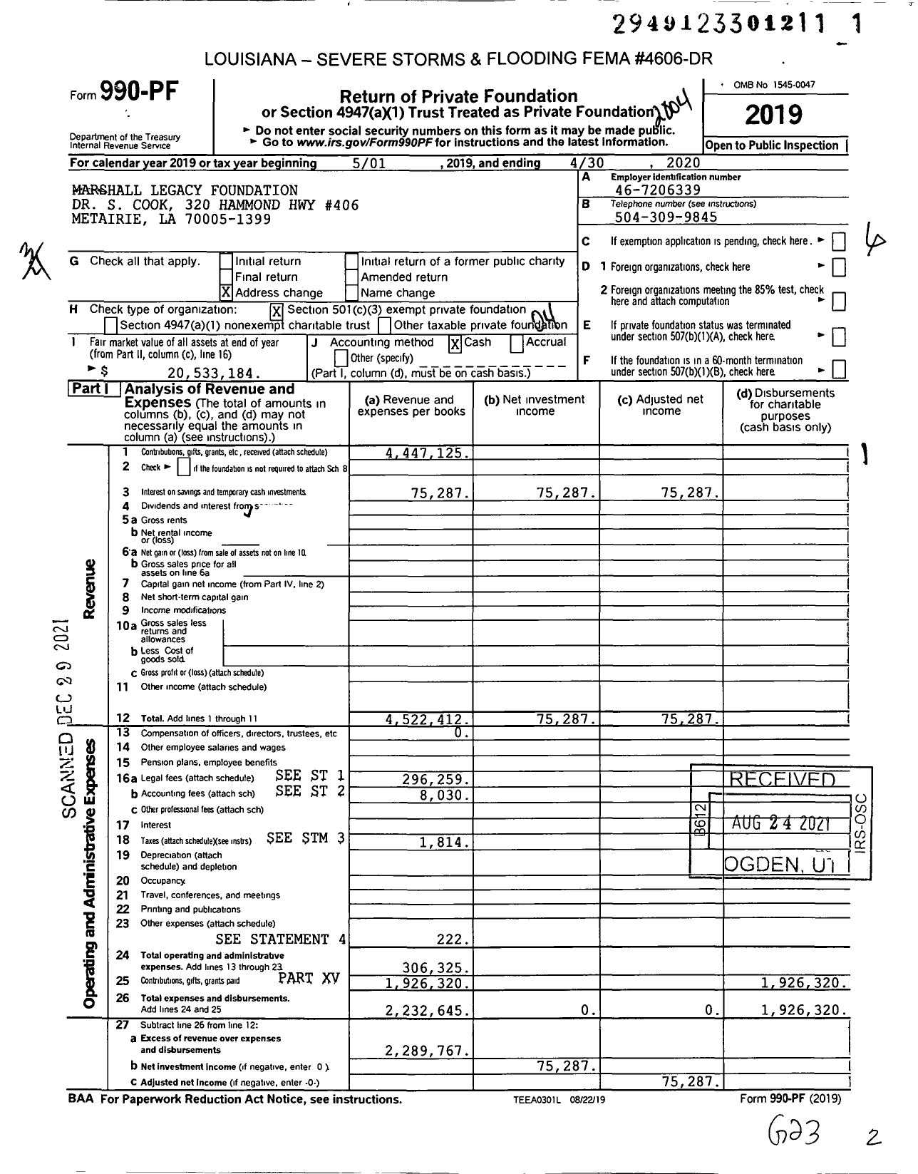 Image of first page of 2019 Form 990PF for Marshall Legacy Foundation