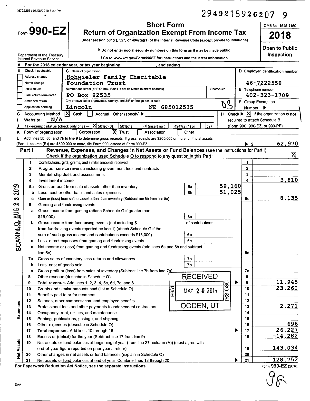 Image of first page of 2018 Form 990EZ for Hohwieler Family Charitable Foundation Trust