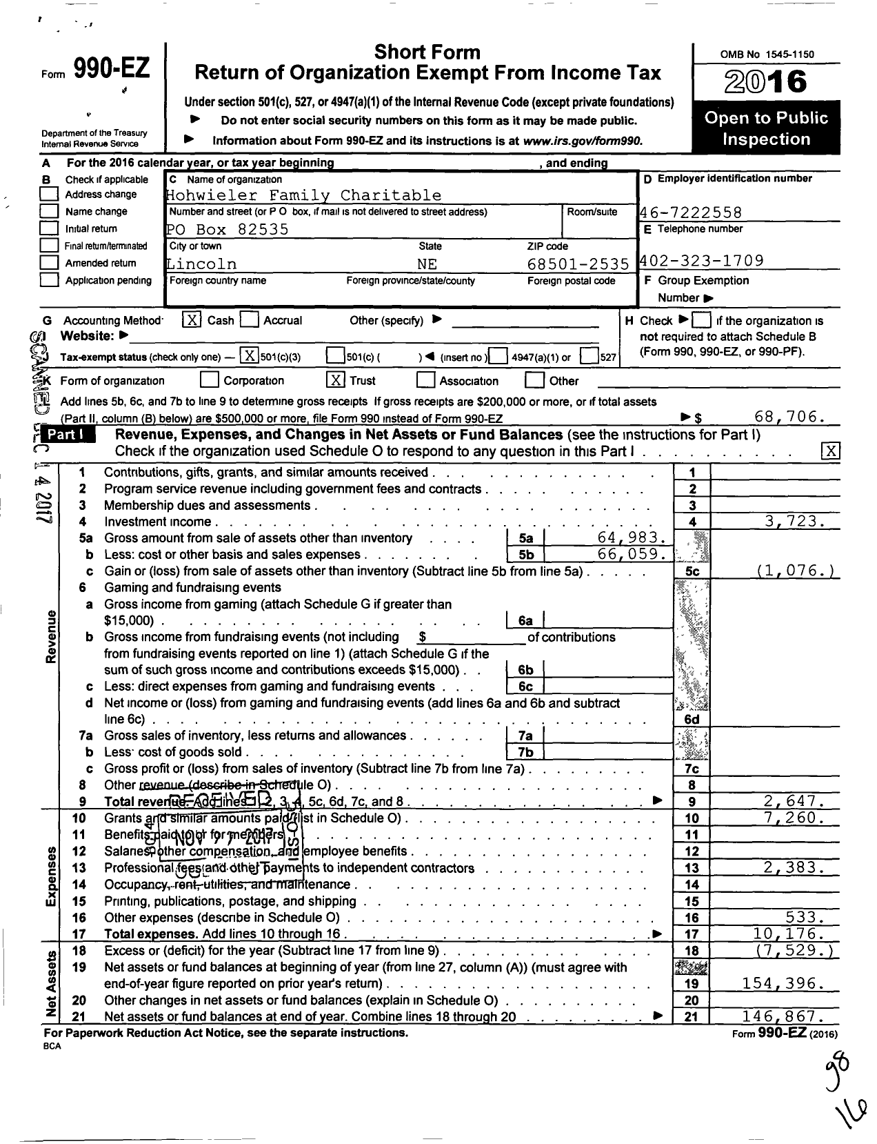 Image of first page of 2016 Form 990EZ for Hohwieler Family Charitable Foundation Trust