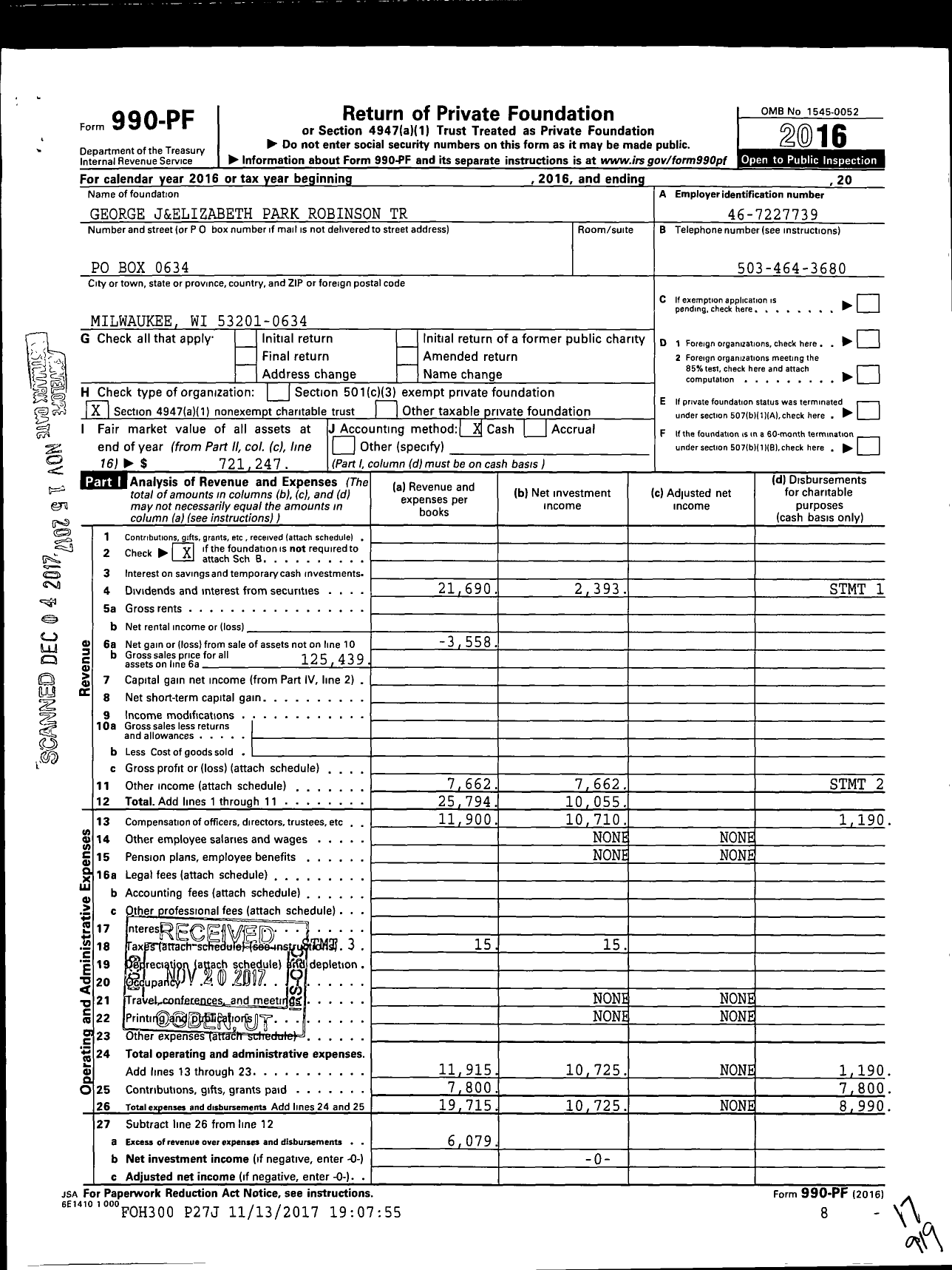 Image of first page of 2016 Form 990PF for George J&elizabeth Park Robinson Trust