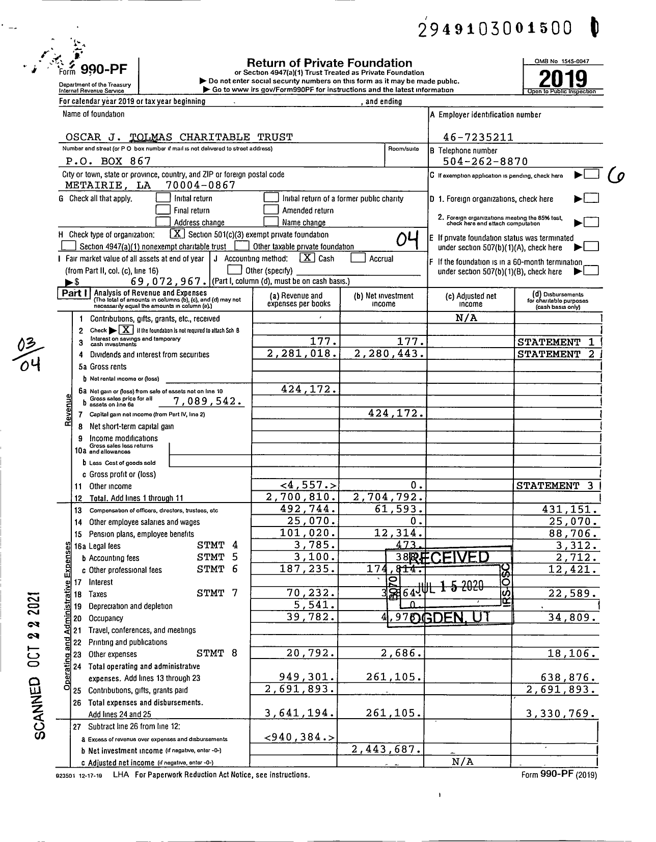 Image of first page of 2019 Form 990PF for Oscar J Tolmas Charitable Trust