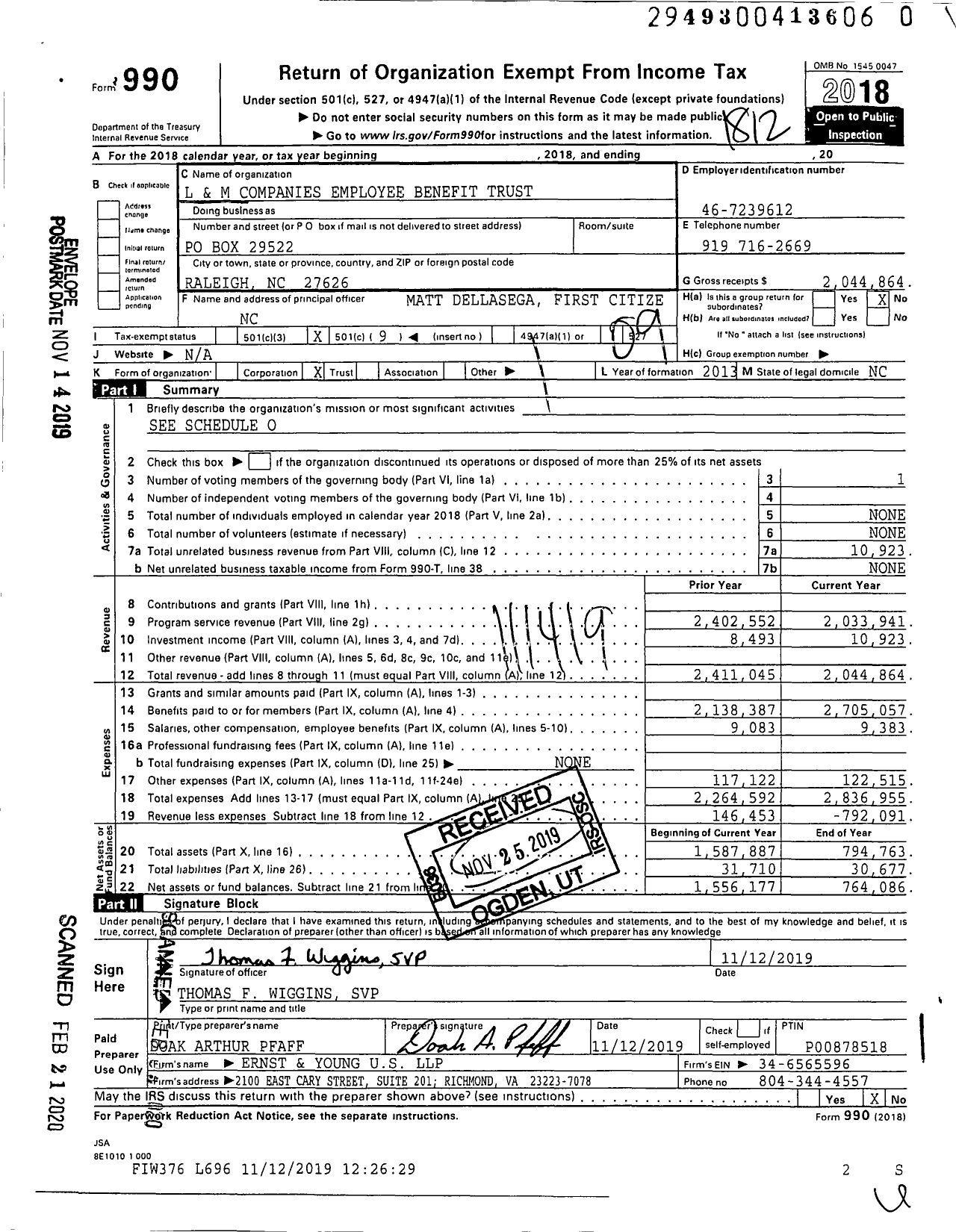 Image of first page of 2018 Form 990O for L and M Companies Employee Benefit Trust