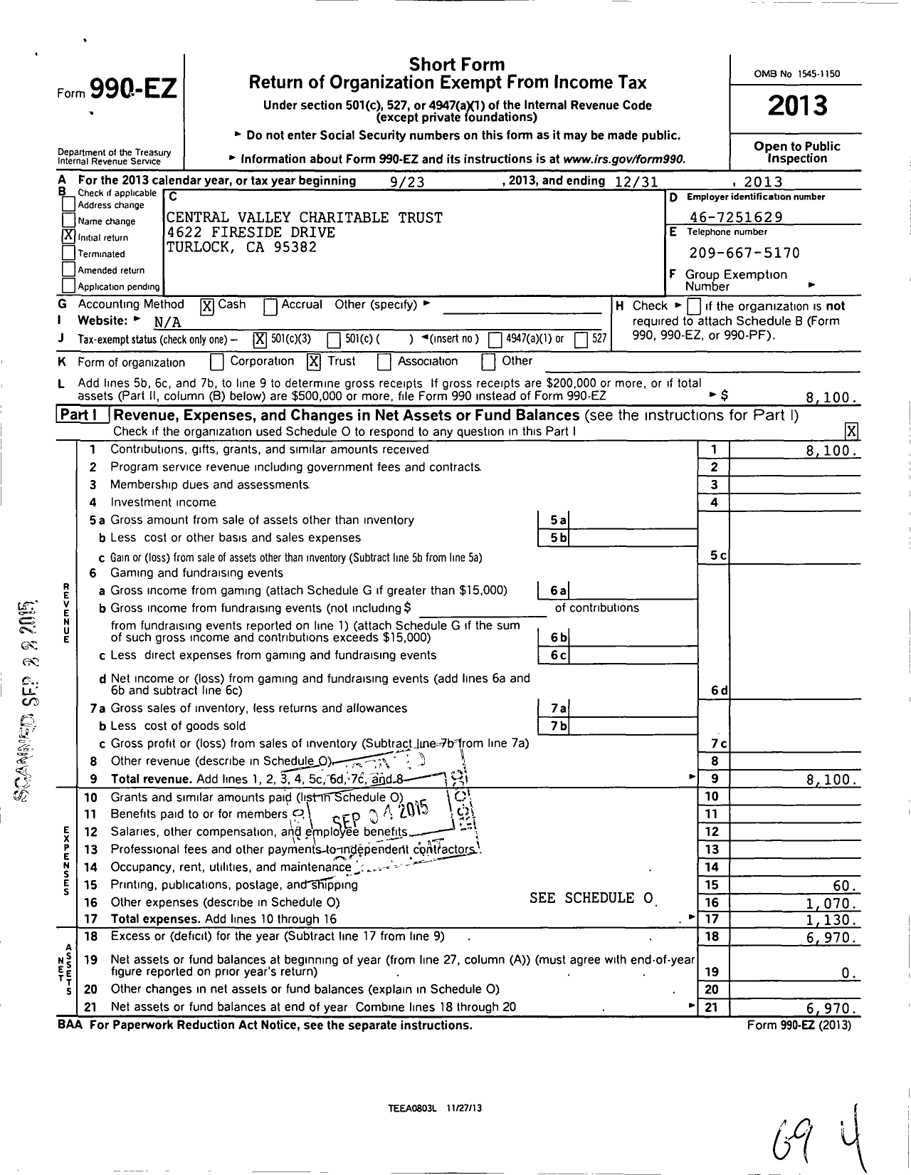 Image of first page of 2013 Form 990EZ for Central Valley Charitable Trust