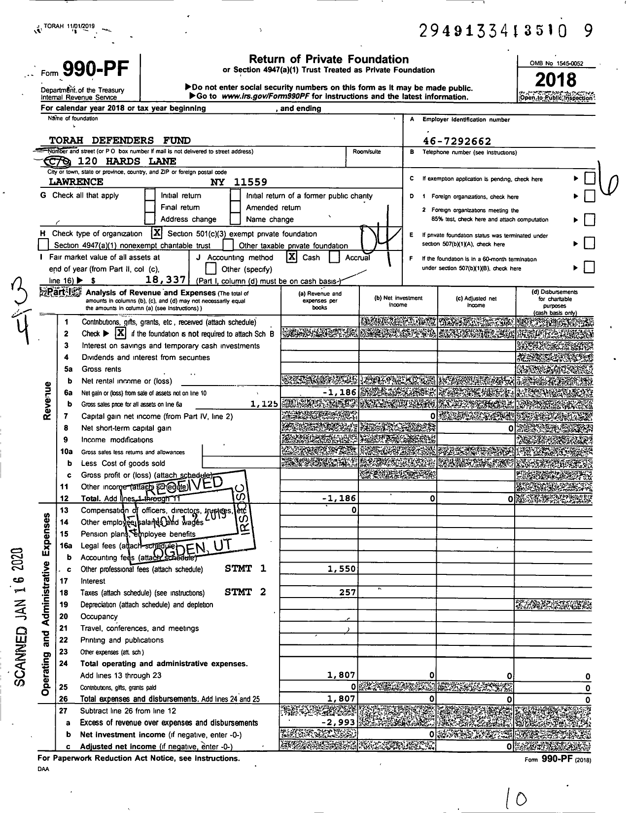 Image of first page of 2018 Form 990PF for Torah Defenders Fund