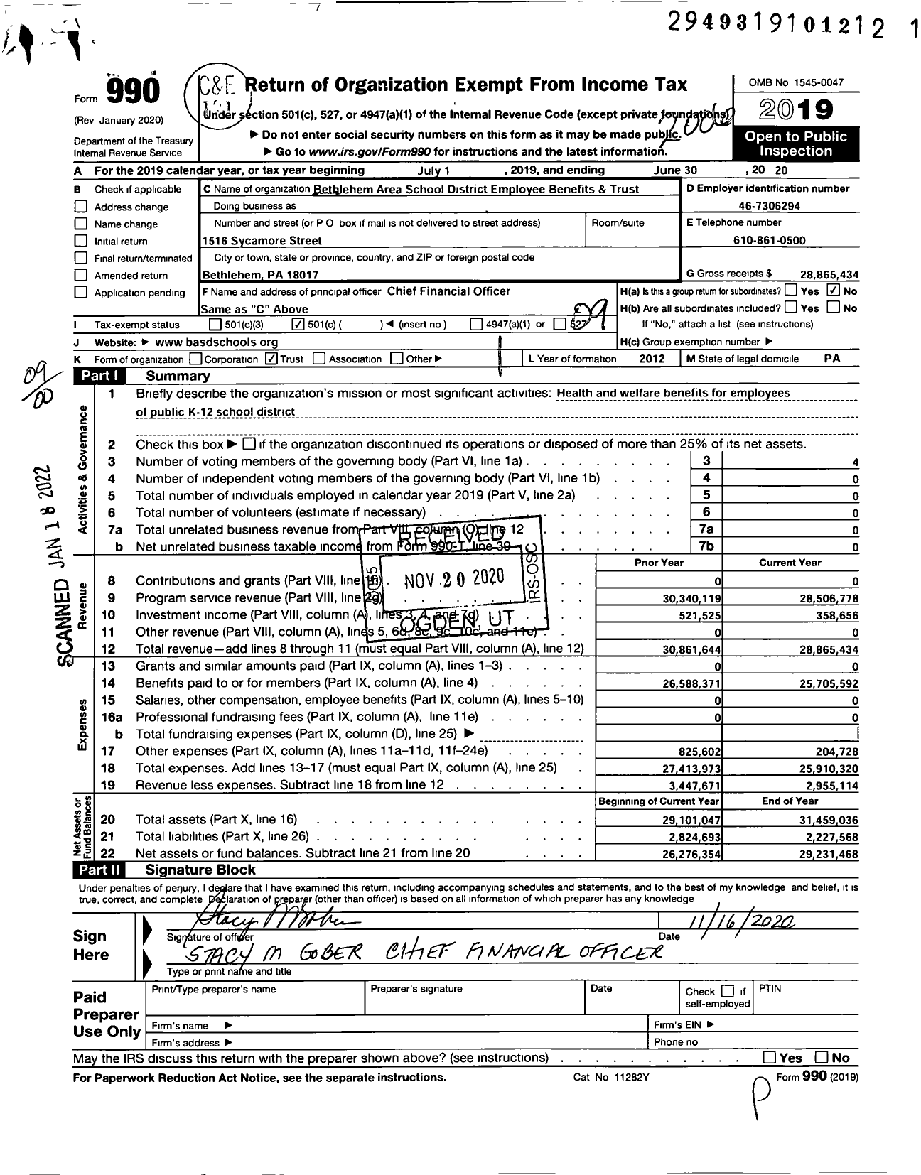 Image of first page of 2019 Form 990O for Bethlehem Area School District Employee Benefits & Trust