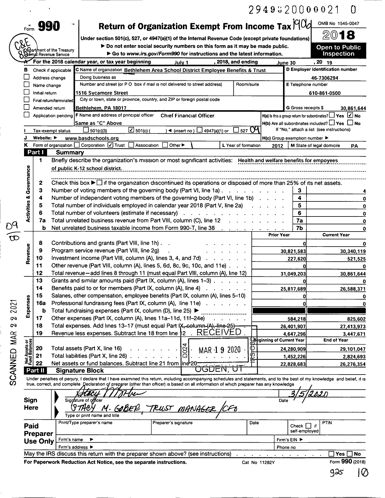 Image of first page of 2018 Form 990O for Bethlehem Area School District Employee Benefits & Trust