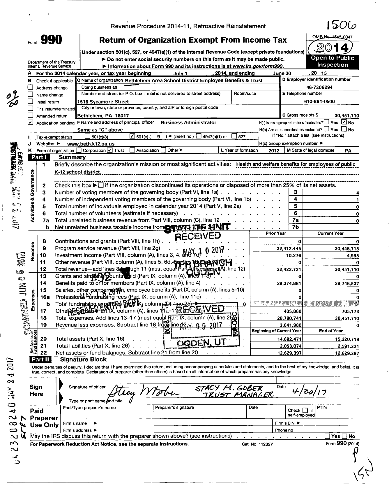 Image of first page of 2014 Form 990O for Bethlehem Area School District Employee Benefits & Trust