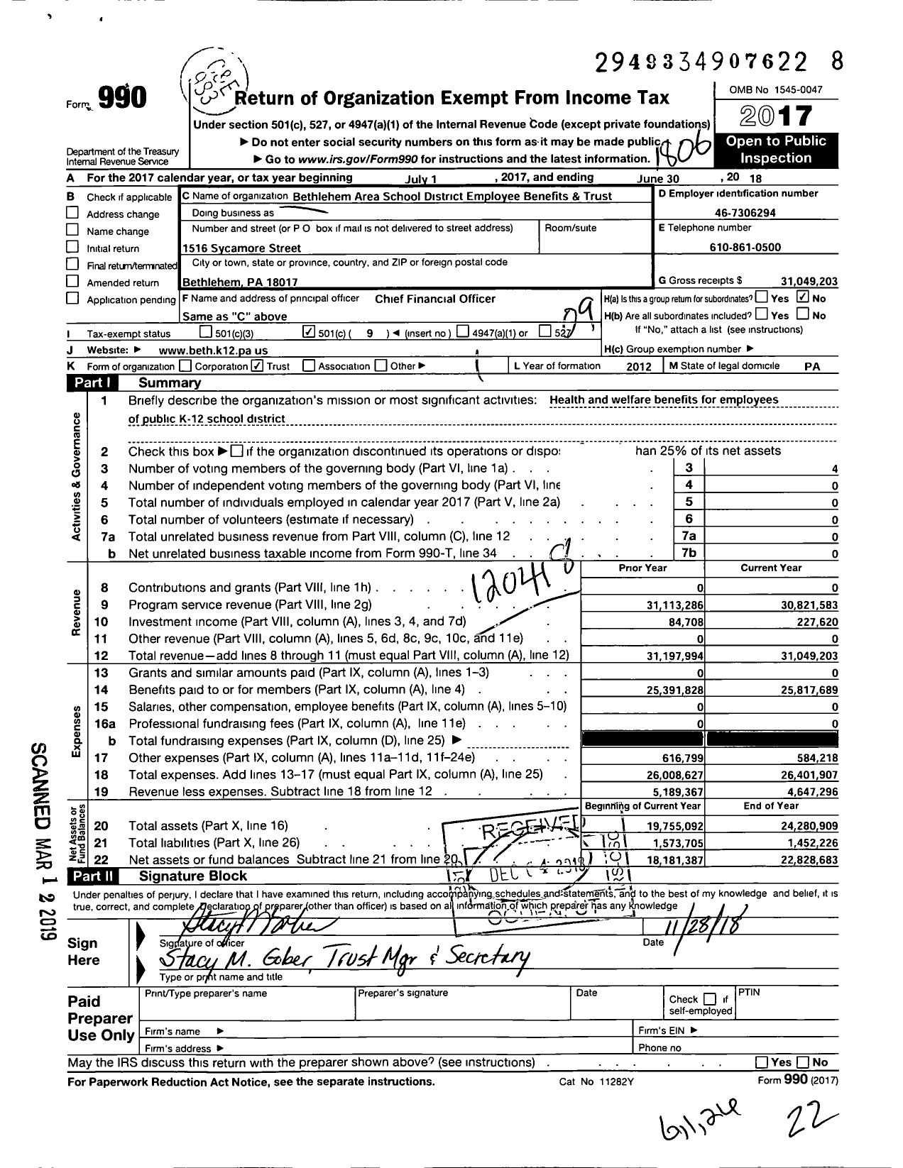 Image of first page of 2017 Form 990O for Bethlehem Area School District Employee Benefits & Trust