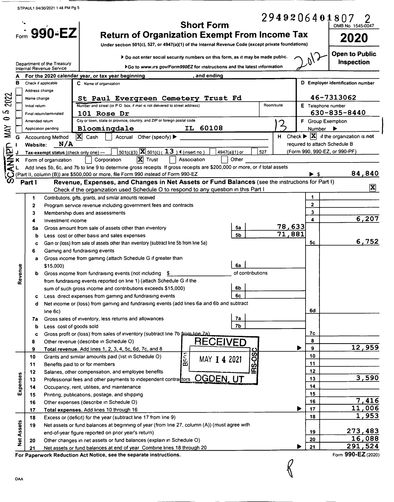 Image of first page of 2020 Form 990EO for St Paul Evergreen Cemetery Trust Fund