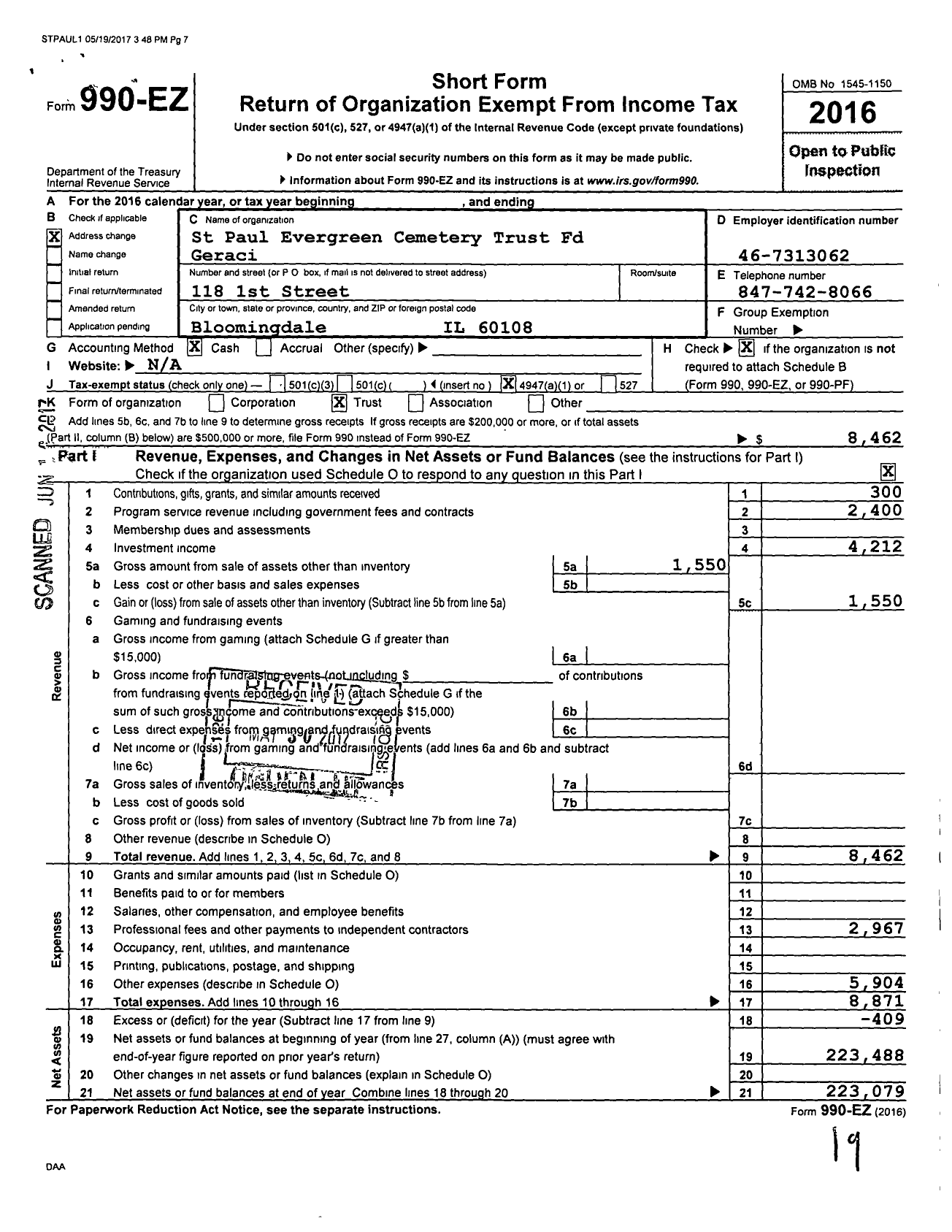 Image of first page of 2016 Form 990EO for St Paul Evergreen Cemetery Trust Fund