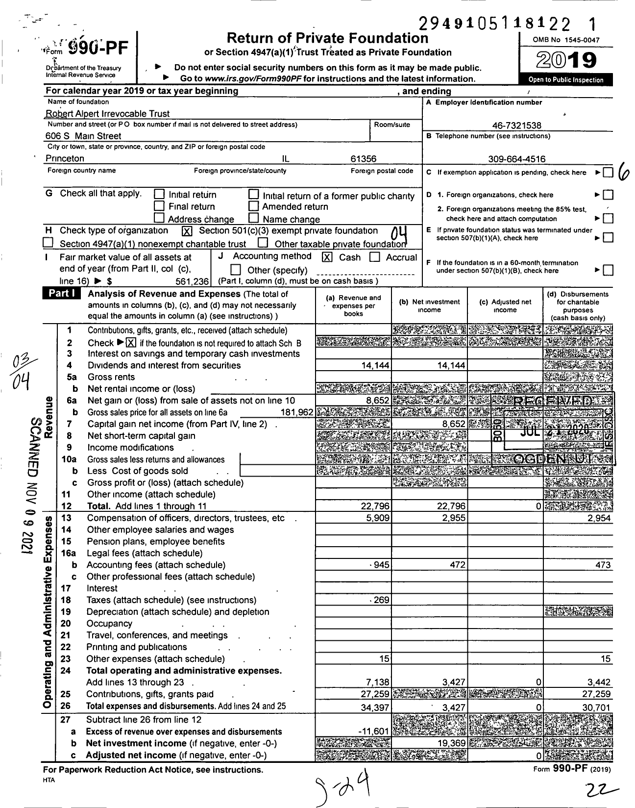 Image of first page of 2019 Form 990PF for Robert Alpert Irrevocable Trust