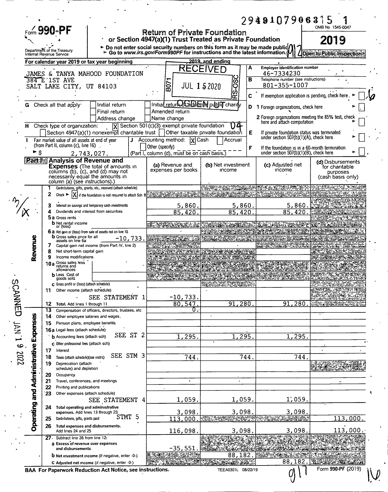 Image of first page of 2019 Form 990PF for James and Tanya Mahood Foundation