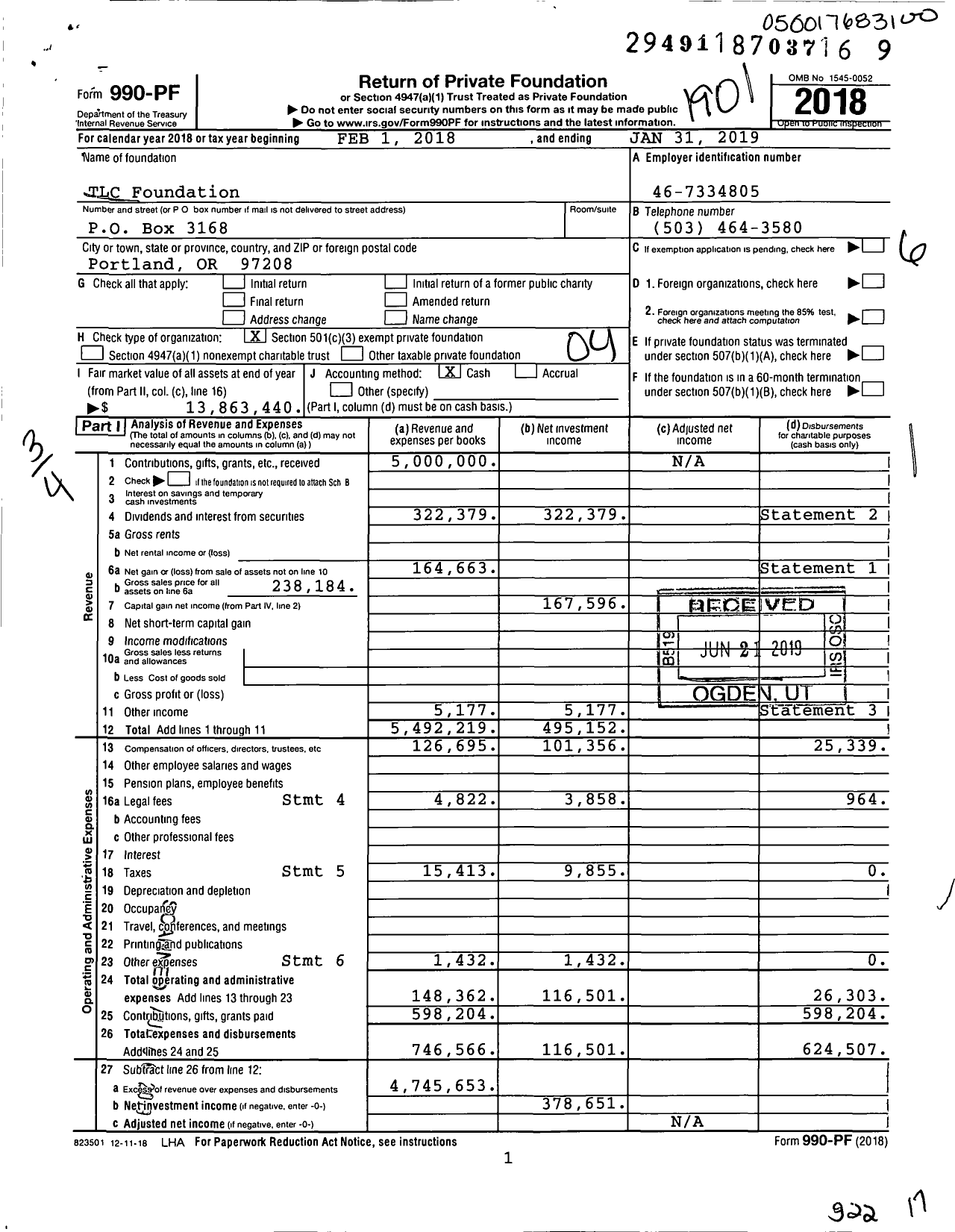 Image of first page of 2018 Form 990PF for TLC Foundation