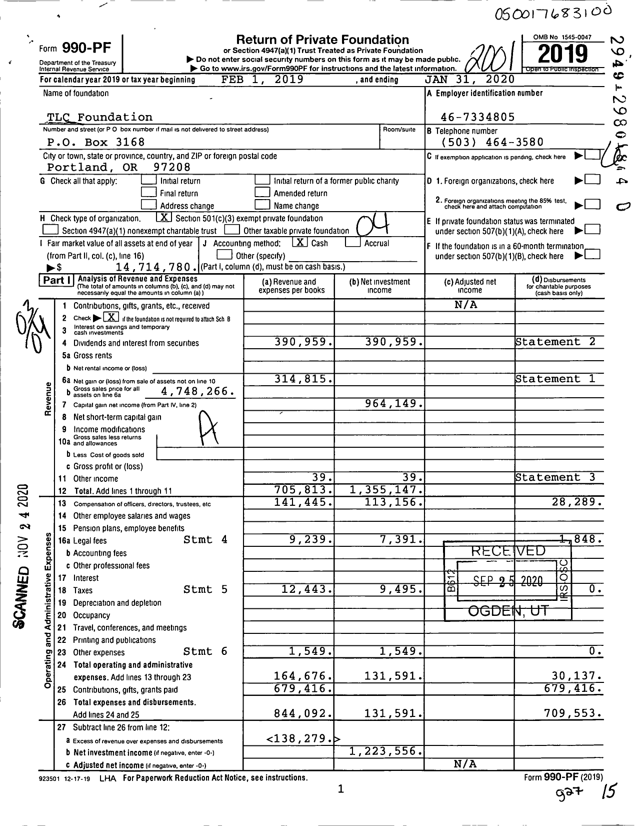 Image of first page of 2019 Form 990PF for TLC Foundation
