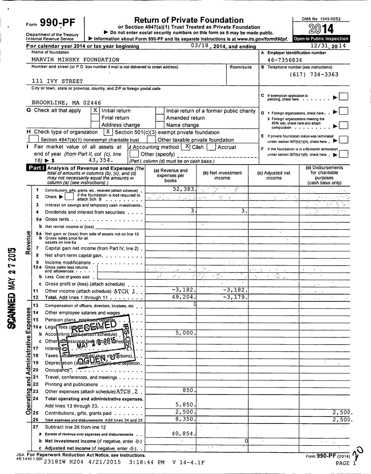 Image of first page of 2014 Form 990PF for Marvin Minsky Foundation