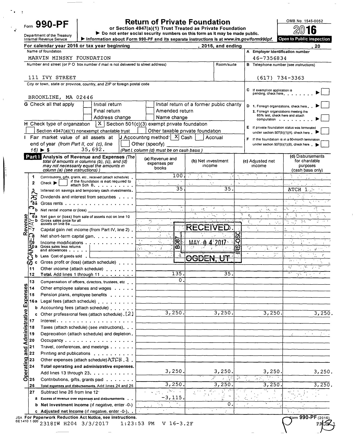 Image of first page of 2016 Form 990PF for Marvin Minsky Foundation