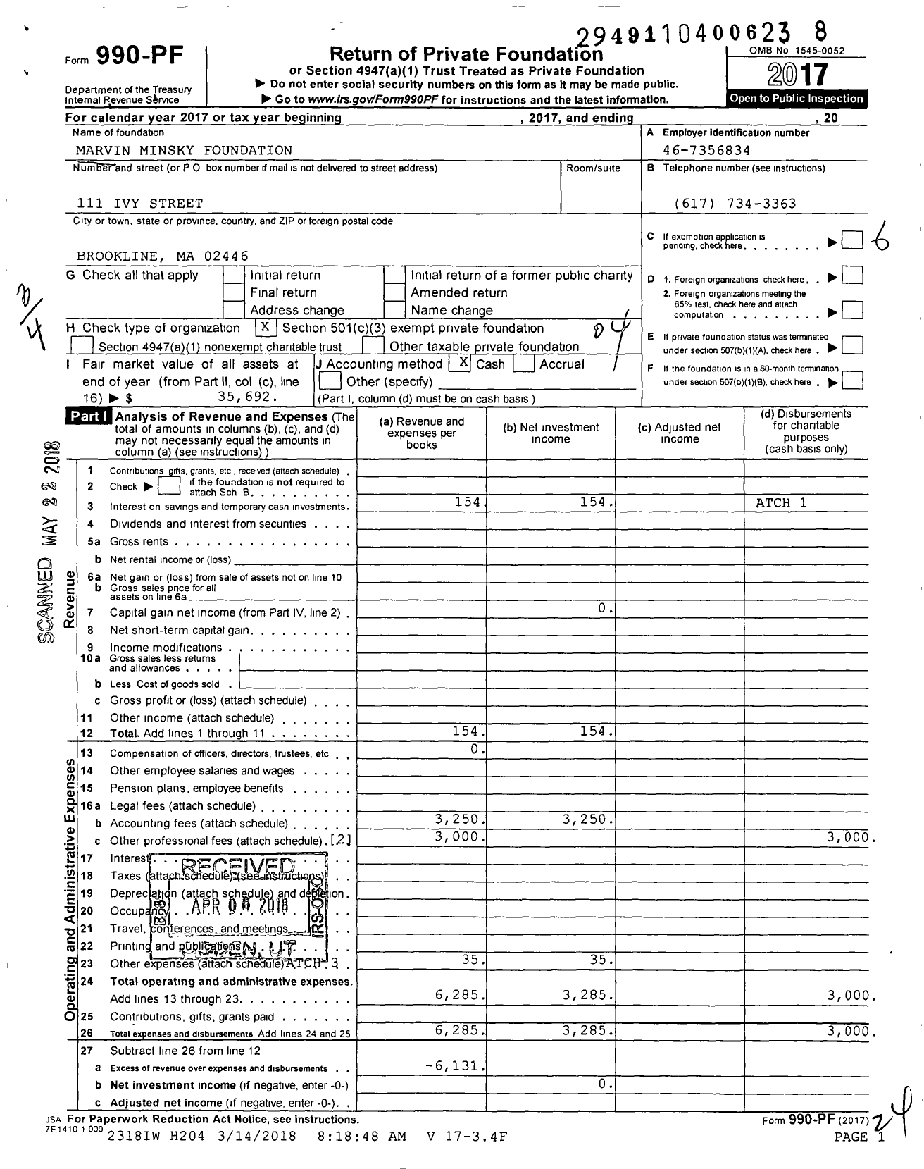 Image of first page of 2017 Form 990PF for Marvin Minsky Foundation