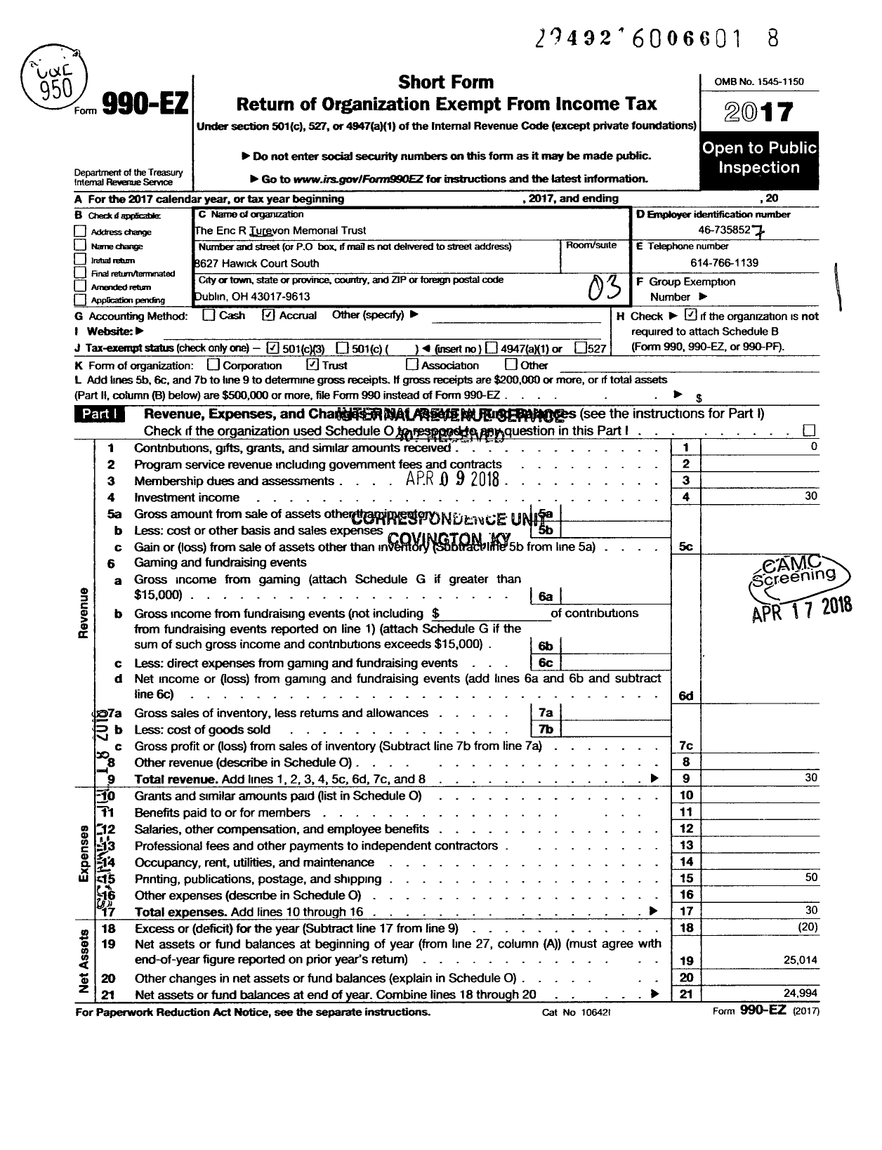 Image of first page of 2017 Form 990EZ for Eric R Turevon Memorial Trust