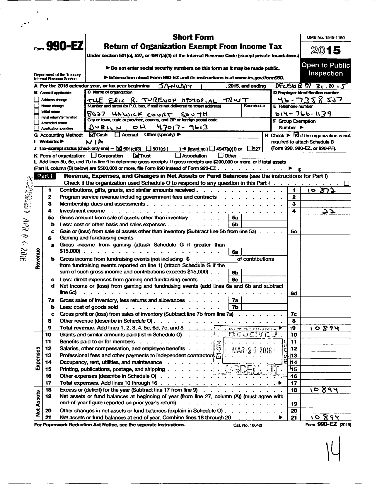 Image of first page of 2015 Form 990EZ for Eric R Turevon Memorial Trust