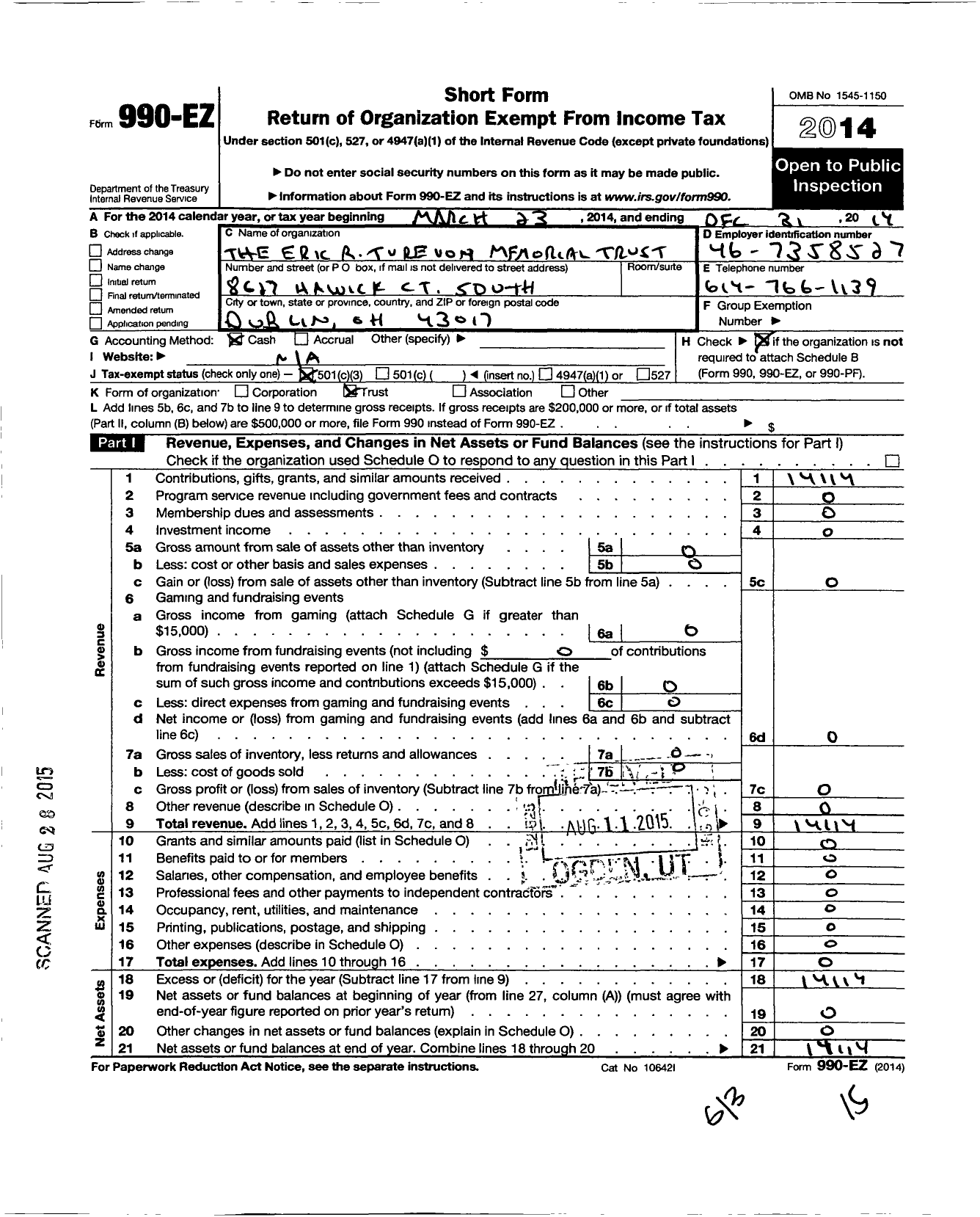 Image of first page of 2014 Form 990EZ for Eric R Turevon Memorial Trust