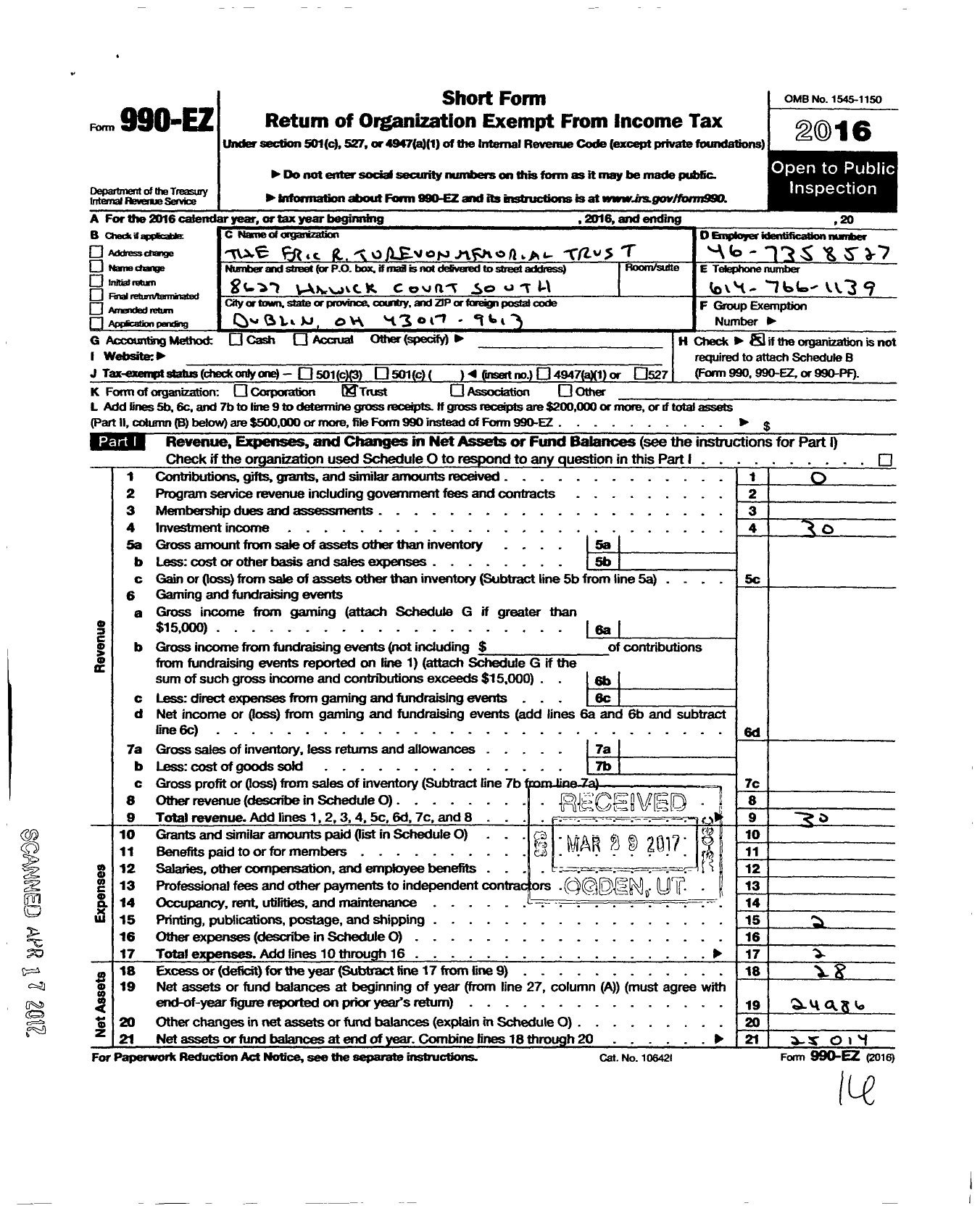 Image of first page of 2016 Form 990EO for Eric R Turevon Memorial Trust