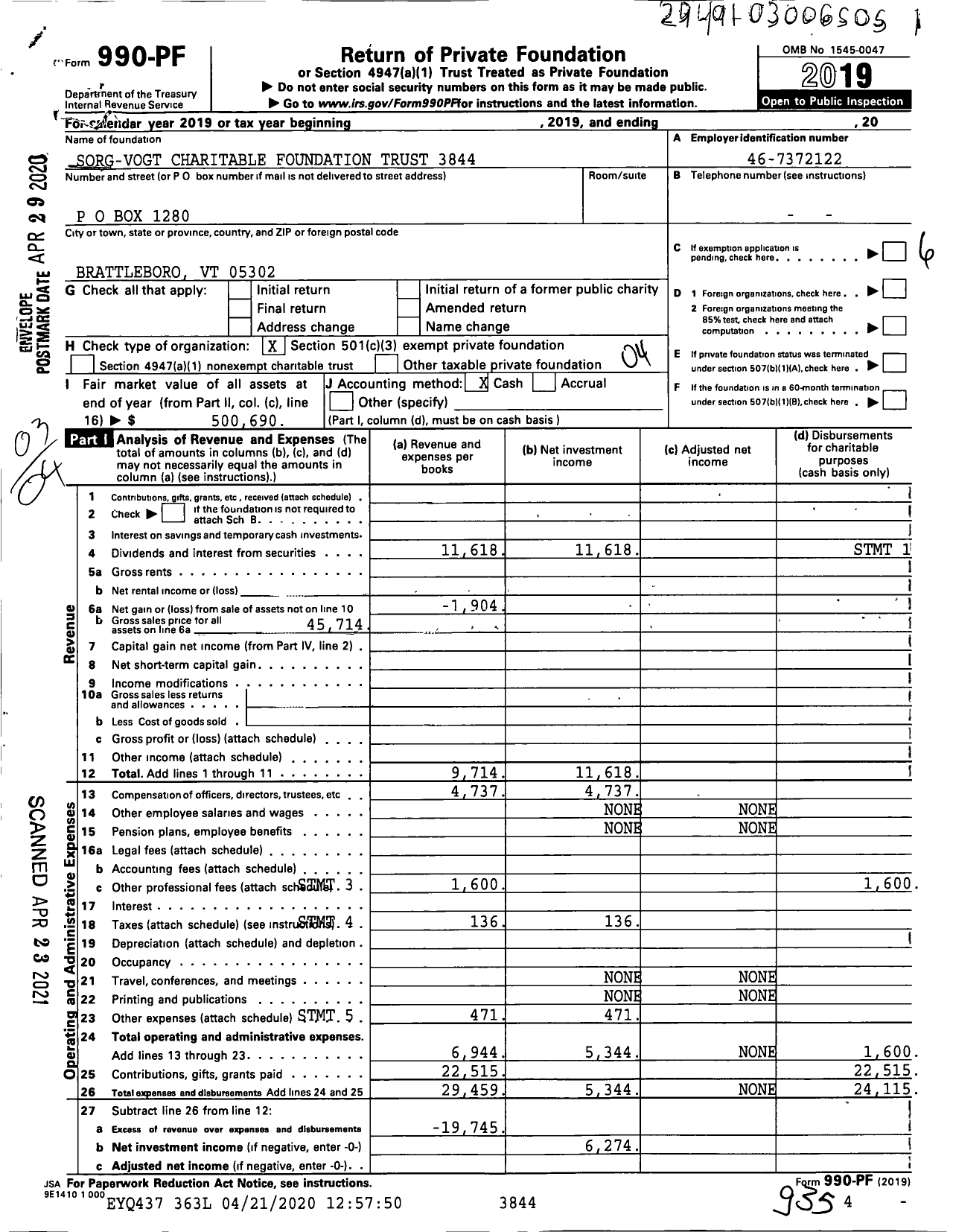 Image of first page of 2019 Form 990PF for Sorg-Vogt Charitable Foundation Trust 3844