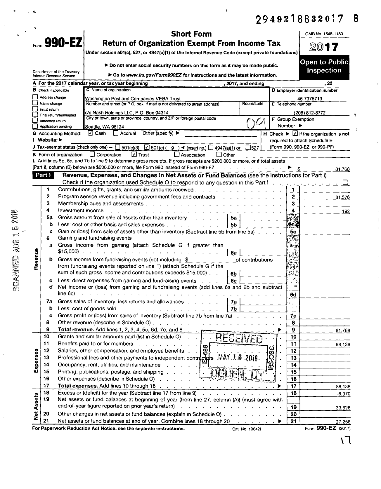 Image of first page of 2017 Form 990EO for Washington Post and Companies Veba Trust