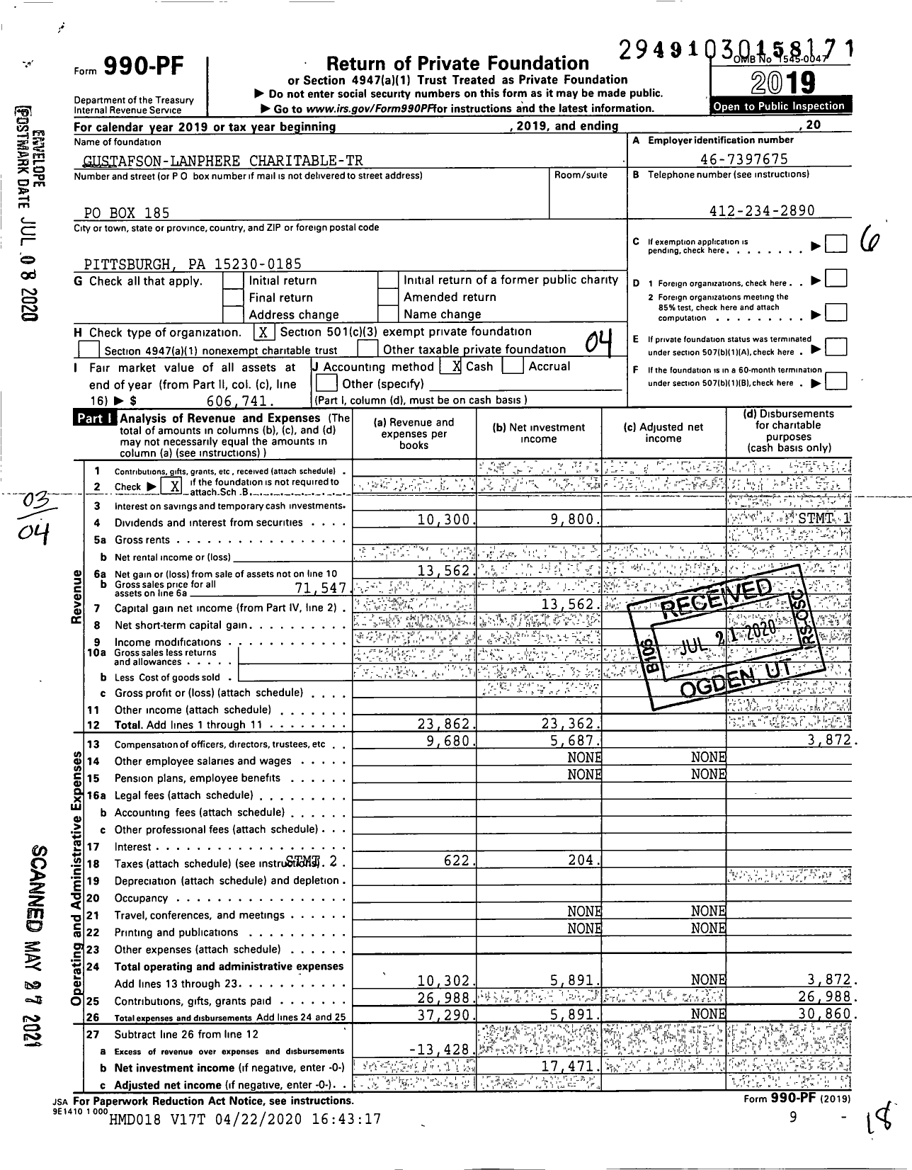 Image of first page of 2019 Form 990PF for Gustafson-Lanphere Charitable-Tr