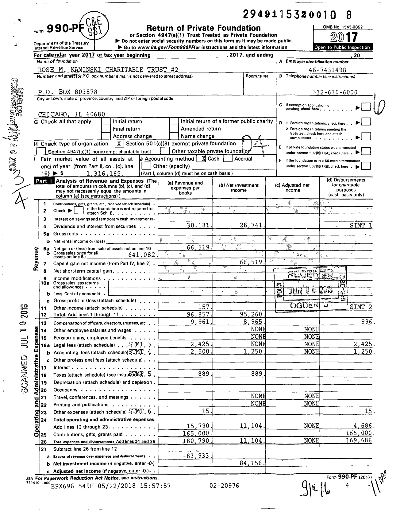 Image of first page of 2017 Form 990PF for Rose M Kaminski Charitable Trust #2