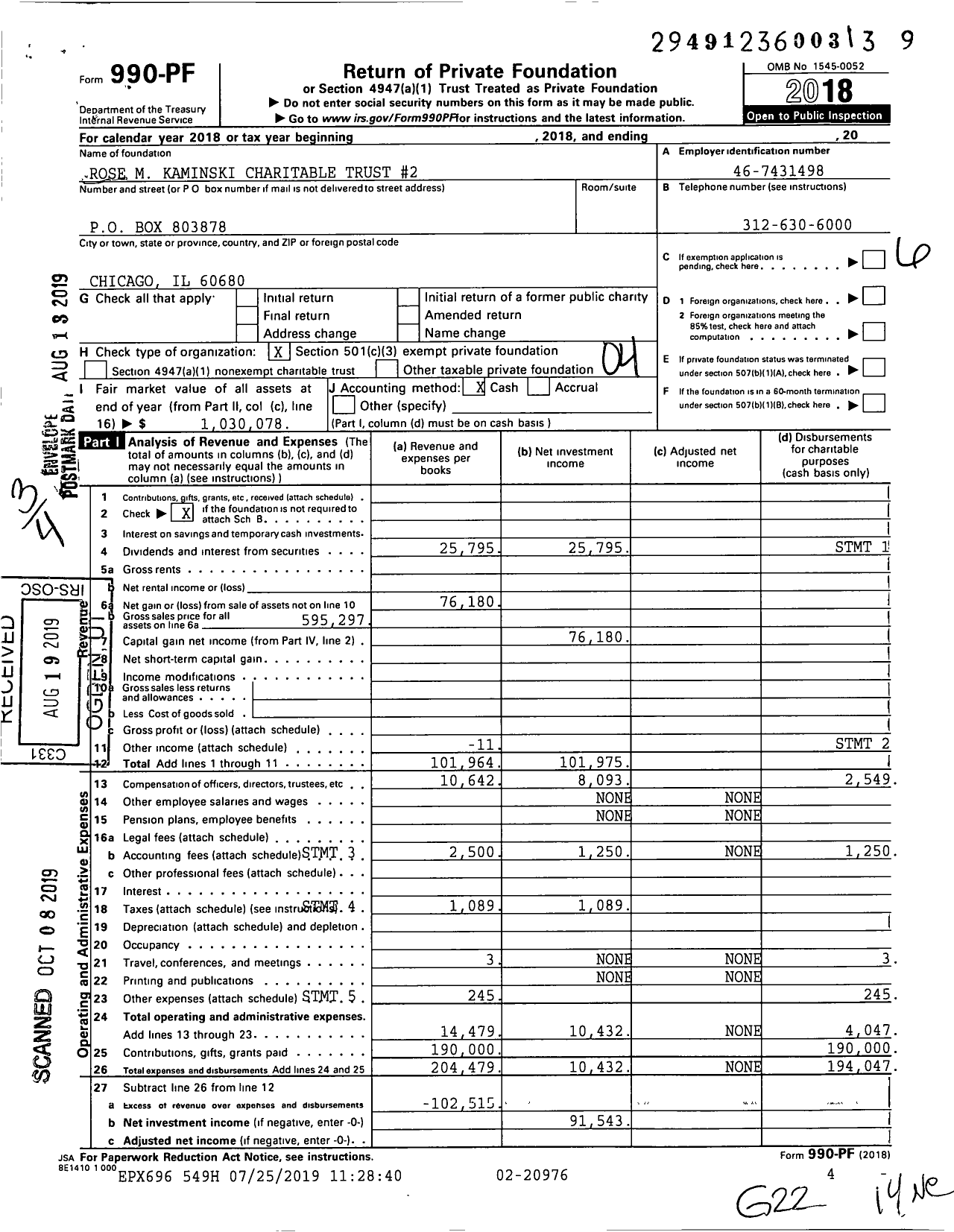 Image of first page of 2018 Form 990PF for Rose M Kaminski Charitable Trust #2