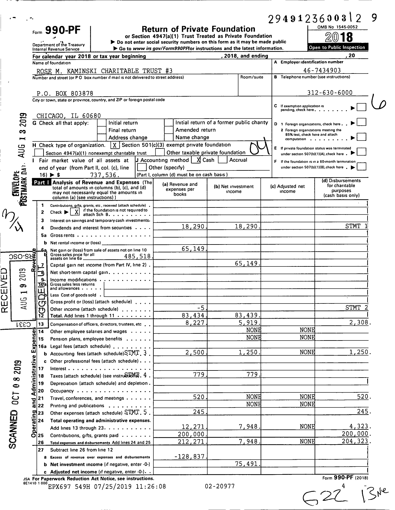 Image of first page of 2018 Form 990PF for Rose M Kaminski Charitable Trust #3