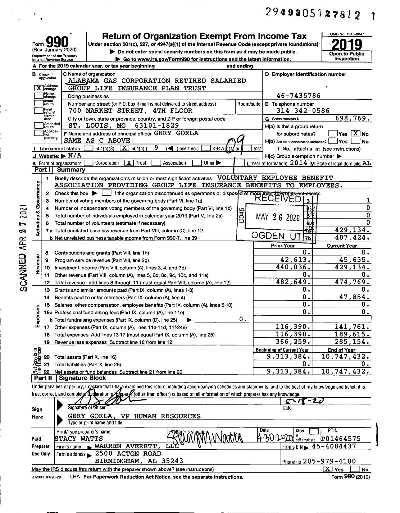 Image of first page of 2019 Form 990O for Alabama Gas Corporation Retired Salaried Group Life Insurance Plan Trust