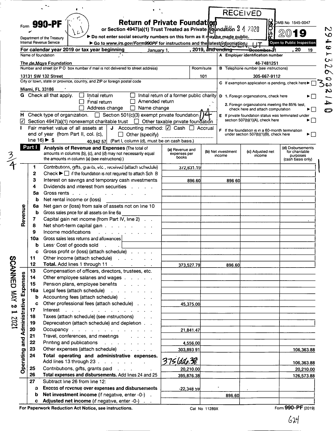 Image of first page of 2019 Form 990PF for De Moya Foundation